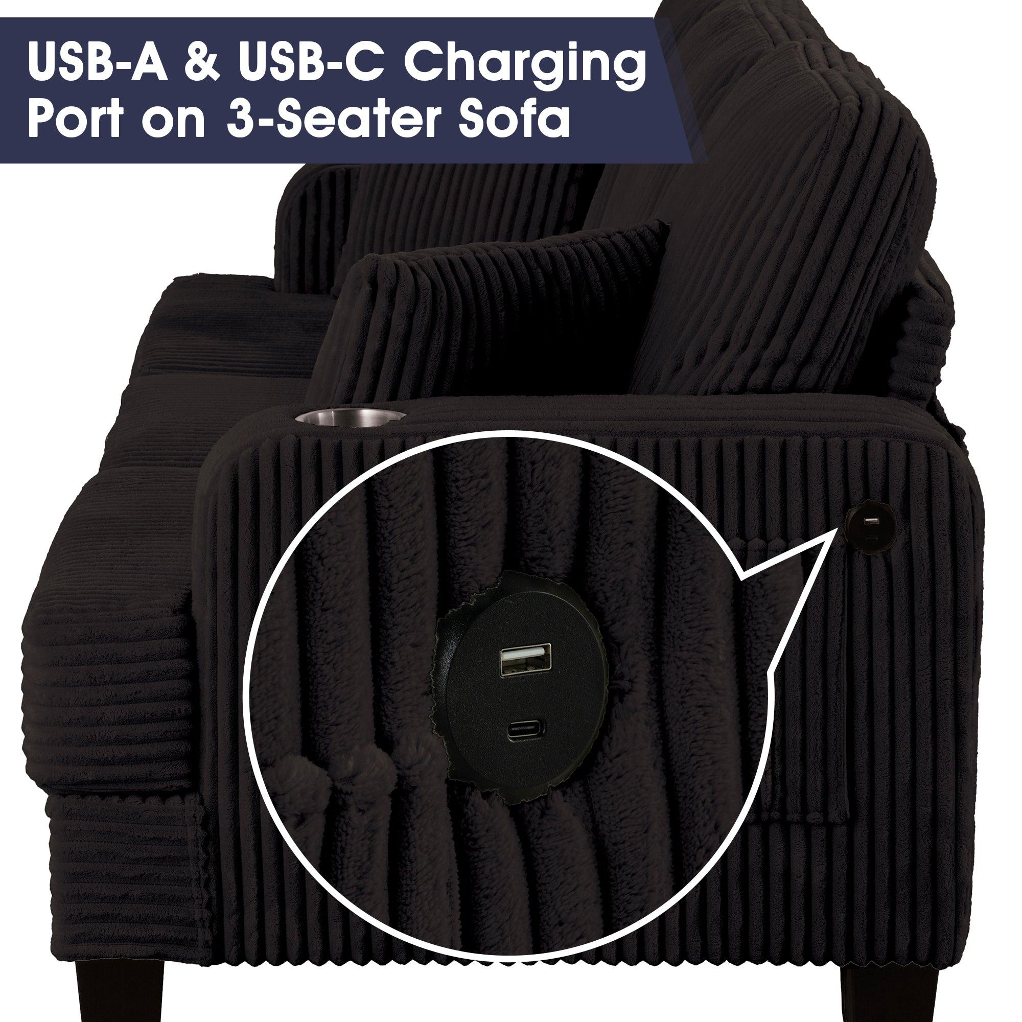 3-Piece Black Sofa Set with Storage Ottoman - Comfy 3-Seater Couch & Loveseat for Living Room | Includes USB Ports, Side Pockets & Throw Pillows | Perfect for Family Gatherings, Movie Nights & Small Space Living