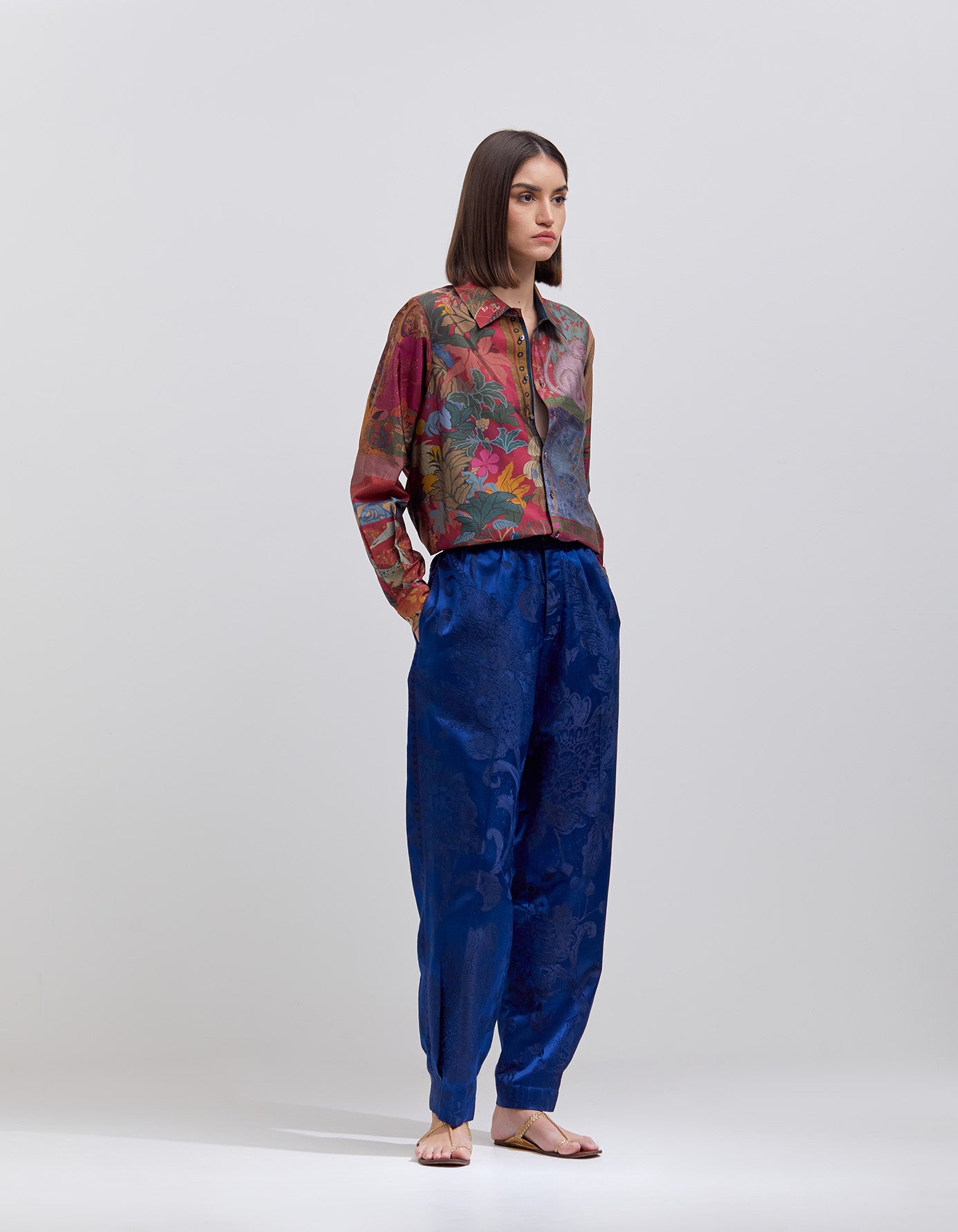 Elegant Silk Damask Bottom Pleat Trousers in Ink Blue - Perfect for Office Wear & Formal Occasions