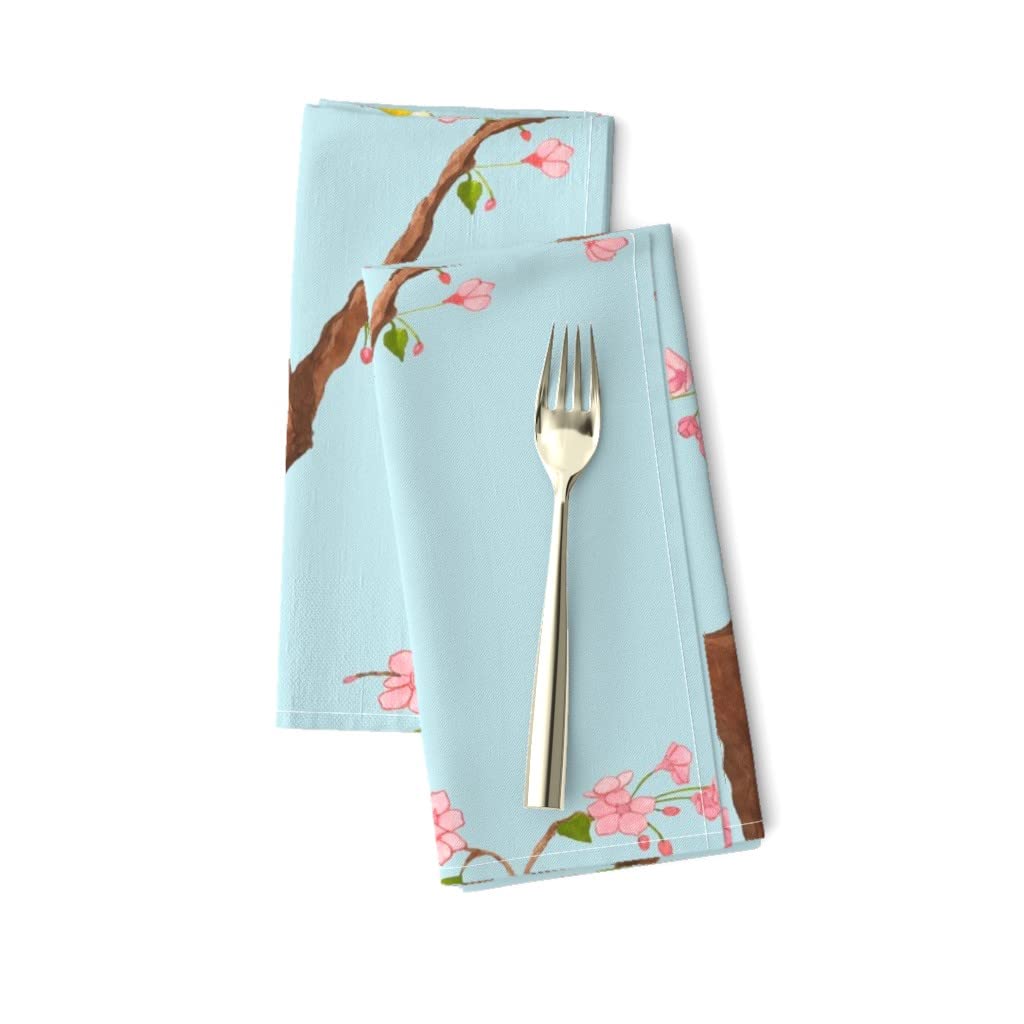 Premium Linen Cotton Canvas Dinner Napkins Set of 2 - Cherry Blossom & Chinoiserie Asian Bird Butterfly Garden Print | Elegant Table Setting for Weddings, Dinner Parties & Home Decor