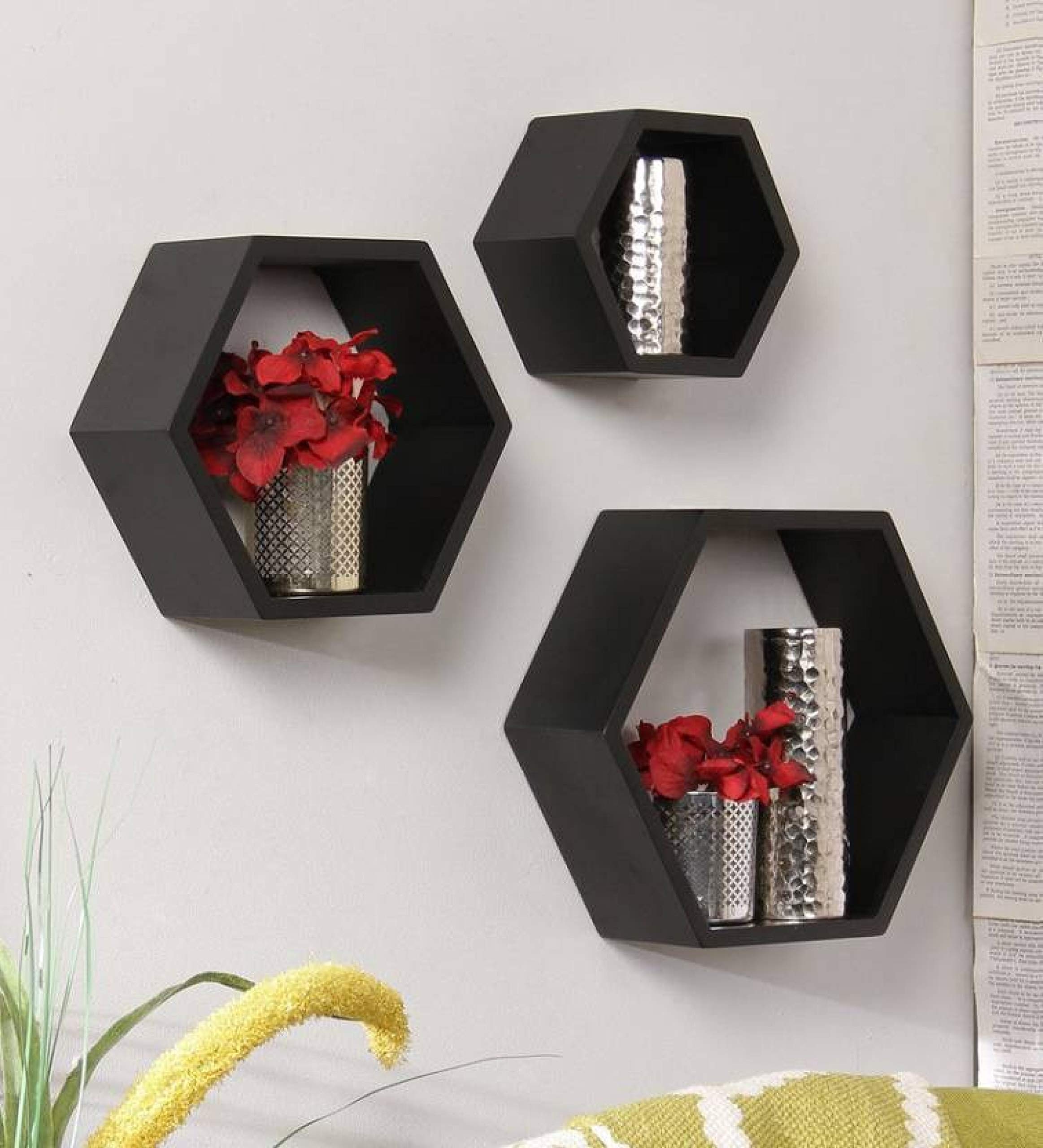 Hexagon Wall Shelf Set of 3 - Modern Black Polypropylene Floating Shelves for Home & Office Decor - Perfect for Living Room, Bedroom, Bathroom Storage & Display