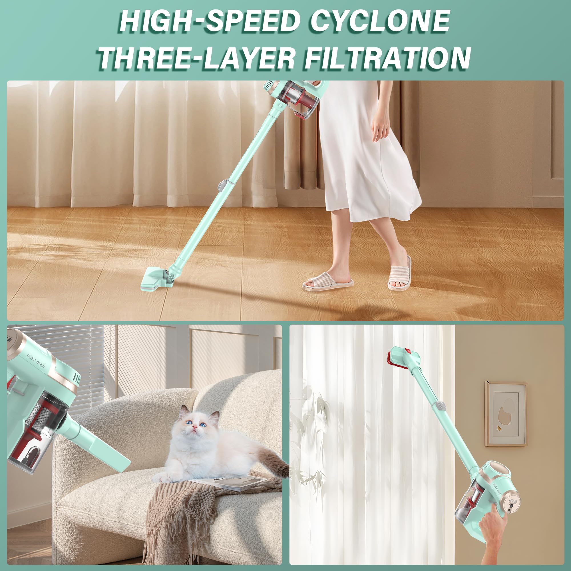 Lightweight Cordless Stick Vacuum Cleaner - 12KPa Suction for Hardwood Floors & Pet Hair | Home & Car Cleaning