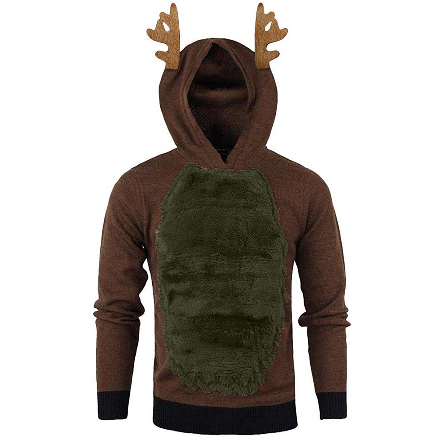 Funny Christmas Reindeer & Antlers Hooded Sweatshirt for Men - Warm Winter 3D Printed Feather Hoodie - Perfect for Holiday Parties, Gift Exchange & Festive Family Gatherings
