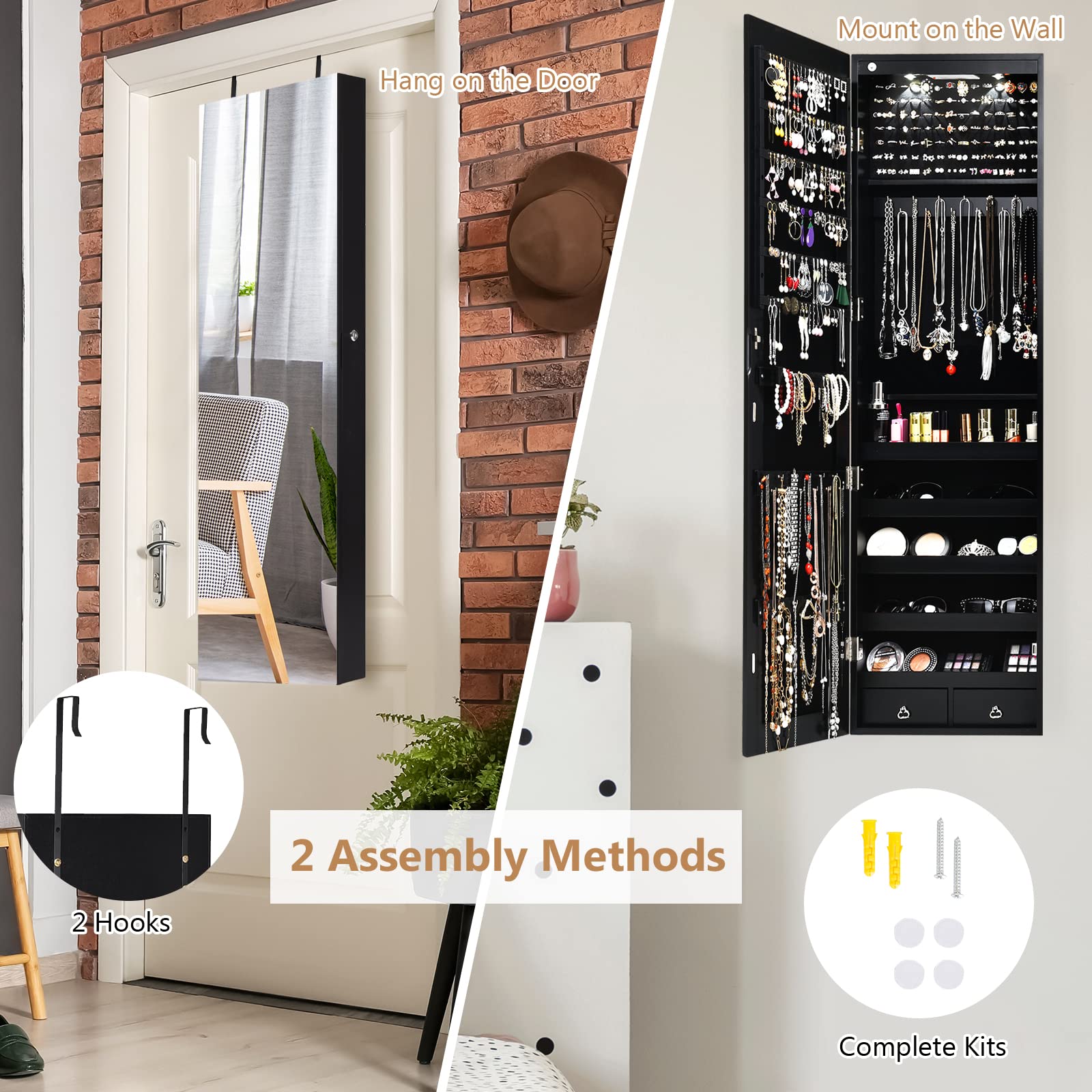 COSTWAY Hanging Jewelry Organizer with Full-Length Mirror & LED Lights - Wall Mount Jewelry Cabinet with Lock, Large Storage for Necklaces, Rings, Earrings - Perfect for Bedroom, Closet & Dressing Room (Black)