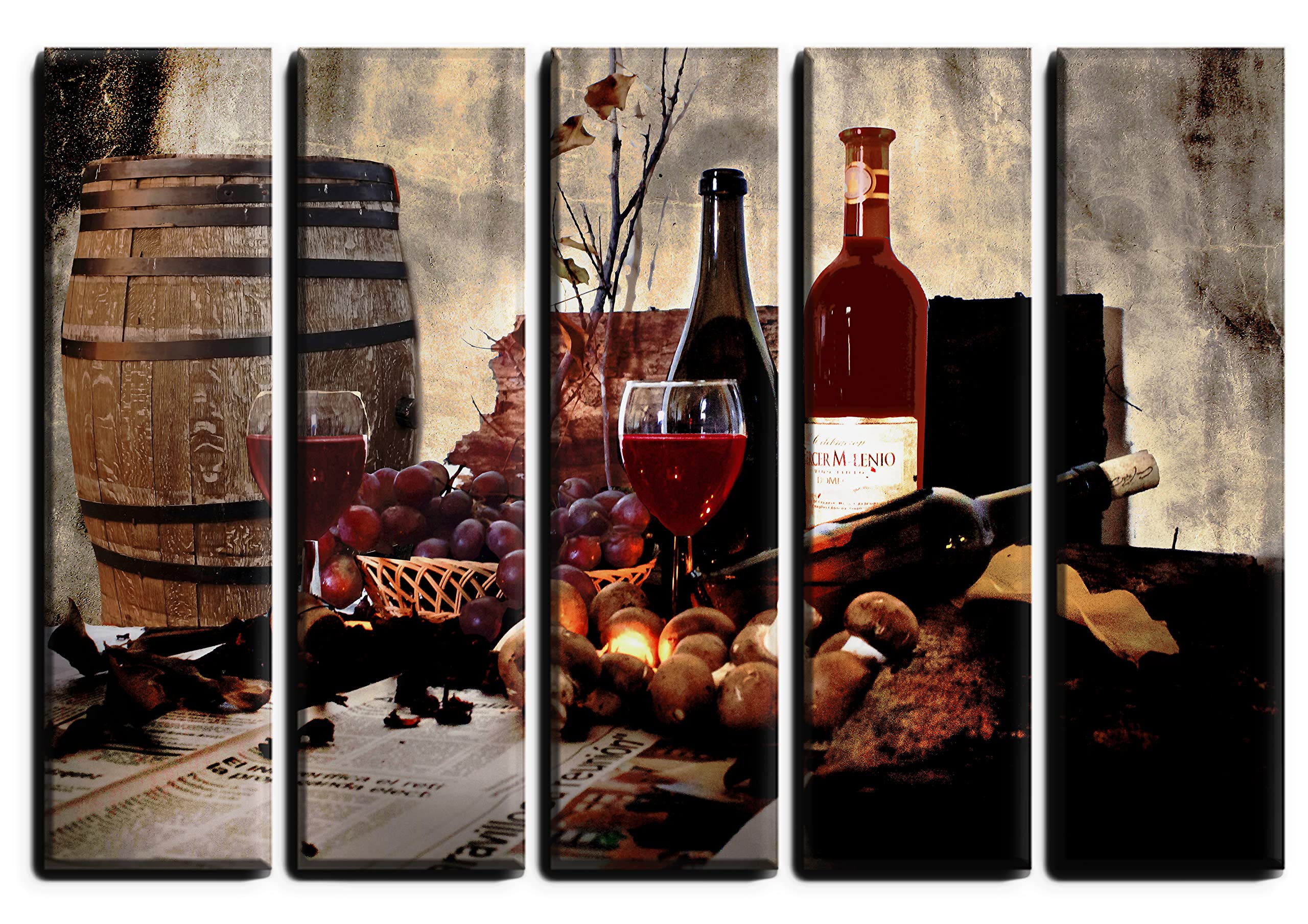 5-Piece Red Wine Barrel Wall Art Canvas Painting Set - Large 35x55 Inch Kitchen & Dining Room Decor - Rustic Wine Theme Poster Prints for Home Bar, Restaurant & Living Room Wall Decoration