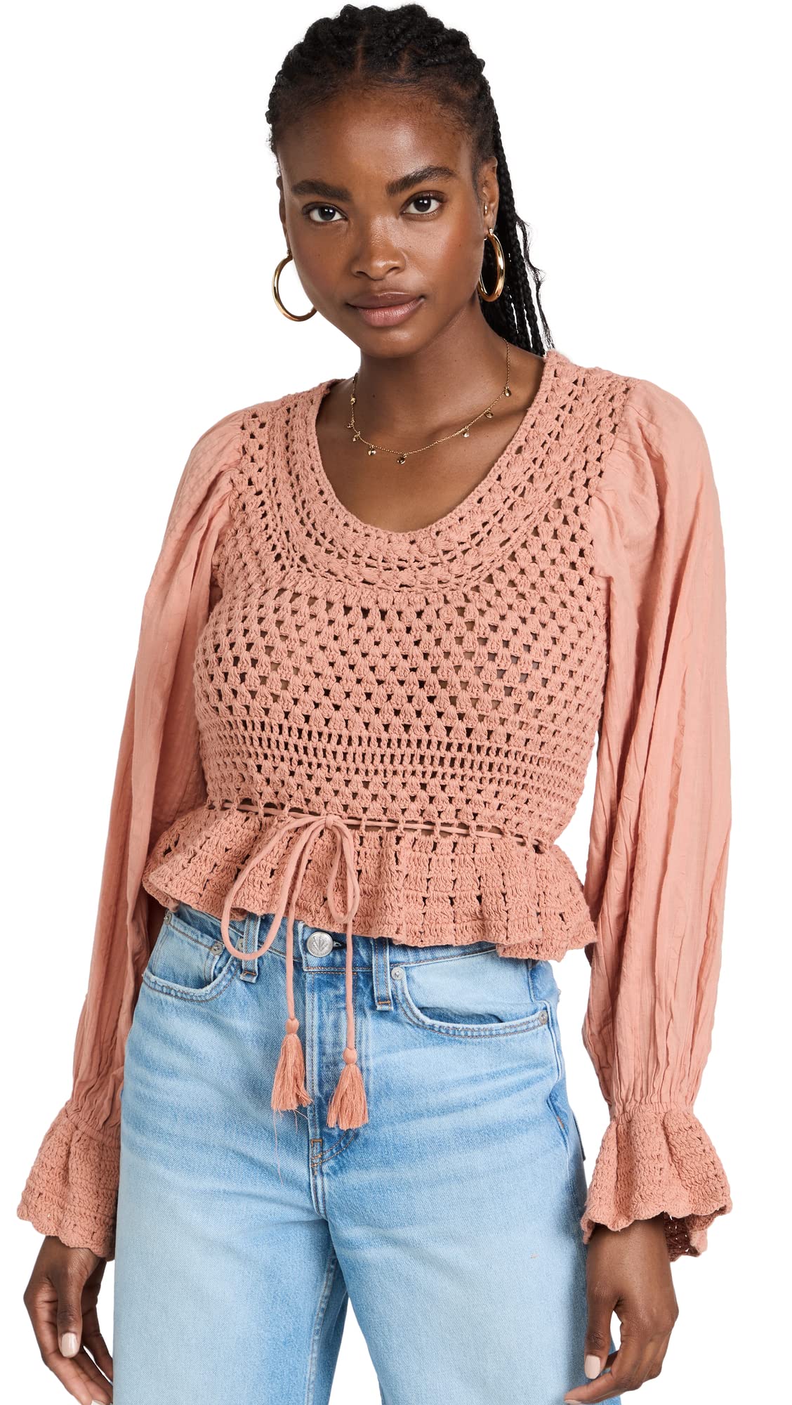 Free People Women's Megan Crochet Top - Boho Lace Summer Blouse for Beach, Music Festivals & Date Nights