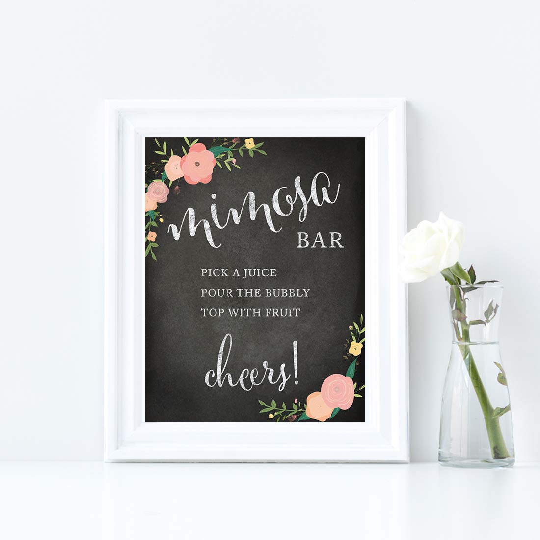 Elegant Andaz Press Wedding Party Signs - Pink Coral Floral Roses Chalkboard Design, 8.5x11 Inch, DIY Mimosa Bar Sign with 'Pick a Juice, Pour the Champagne Cheers!' Message, Perfect for Bridal Showers, Receptions & Dessert Tables (1-Pack)