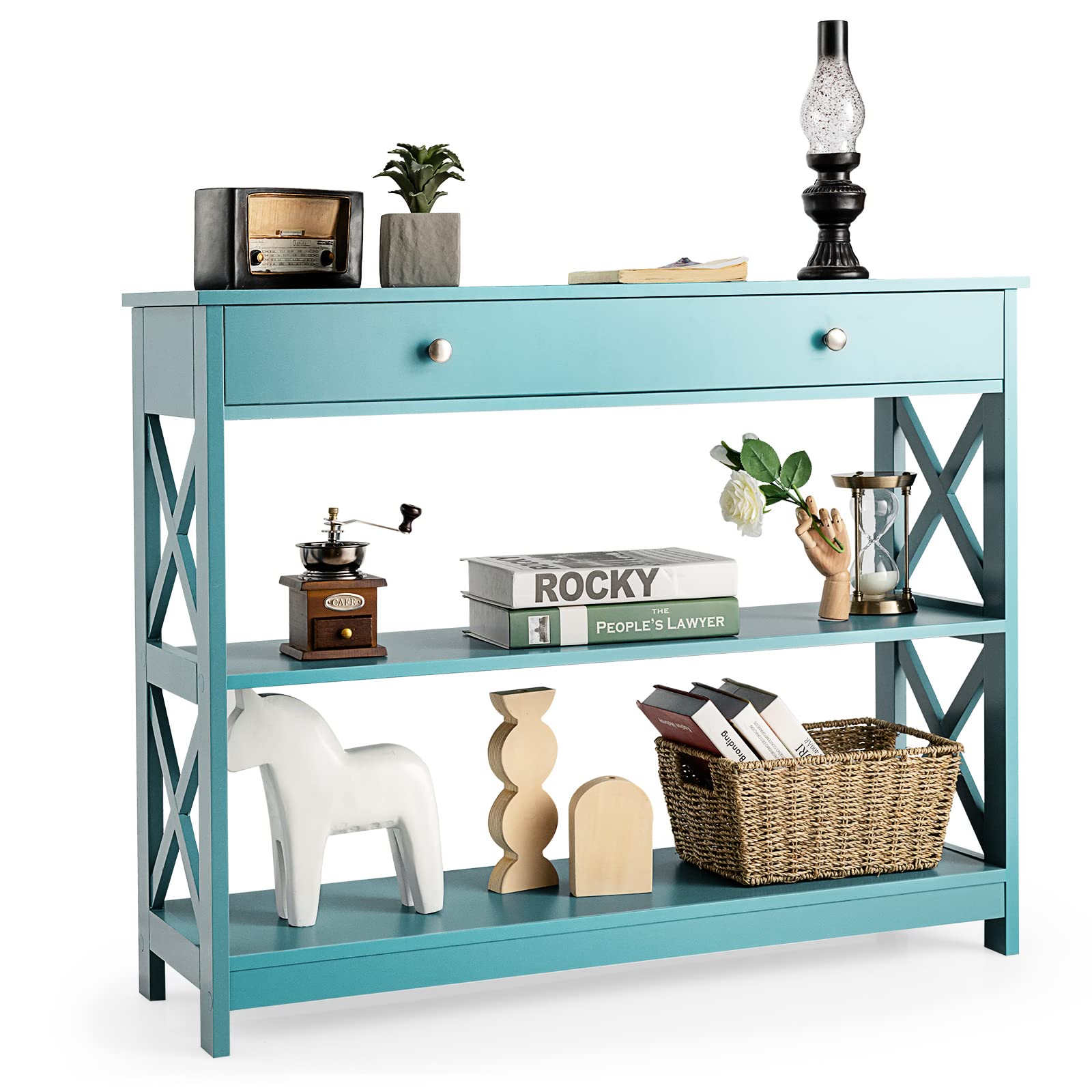 Giantex 3-Tier Console Table with Drawer & Storage Shelves - X-Design Entryway Sofa Table for Hallway, Living Room & Bedroom - Blue - Perfect for Small Space Organization & Home Decor