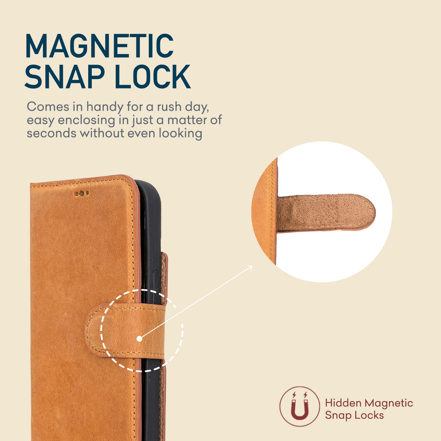 Bayelon Premium Full Grain Leather iPhone 13 Case with Detachable Magnetic Wallet - 2-in-1 Flip Cover with Card Slots & Kickstand | MagSafe Compatible (Antique Camel) for Work, Travel & Everyday Protection