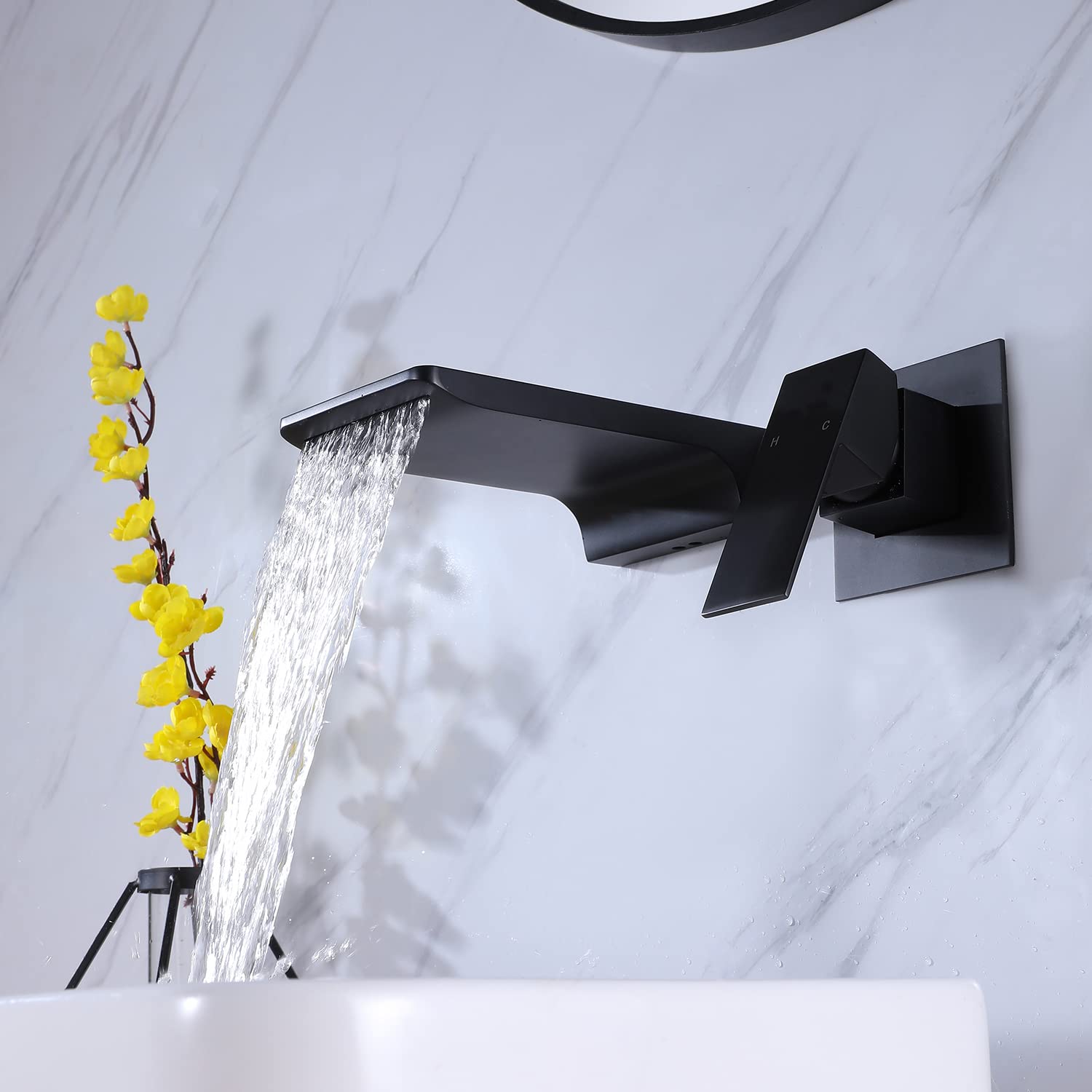 Wall Mount Waterfall Bathtub Faucet - Single Handle Matte Black Bathroom Sink Faucet - 2 Hole Widespread Vessel Faucet for Lavatory Vanity - Perfect for Modern Bathroom & Spa Style Decor