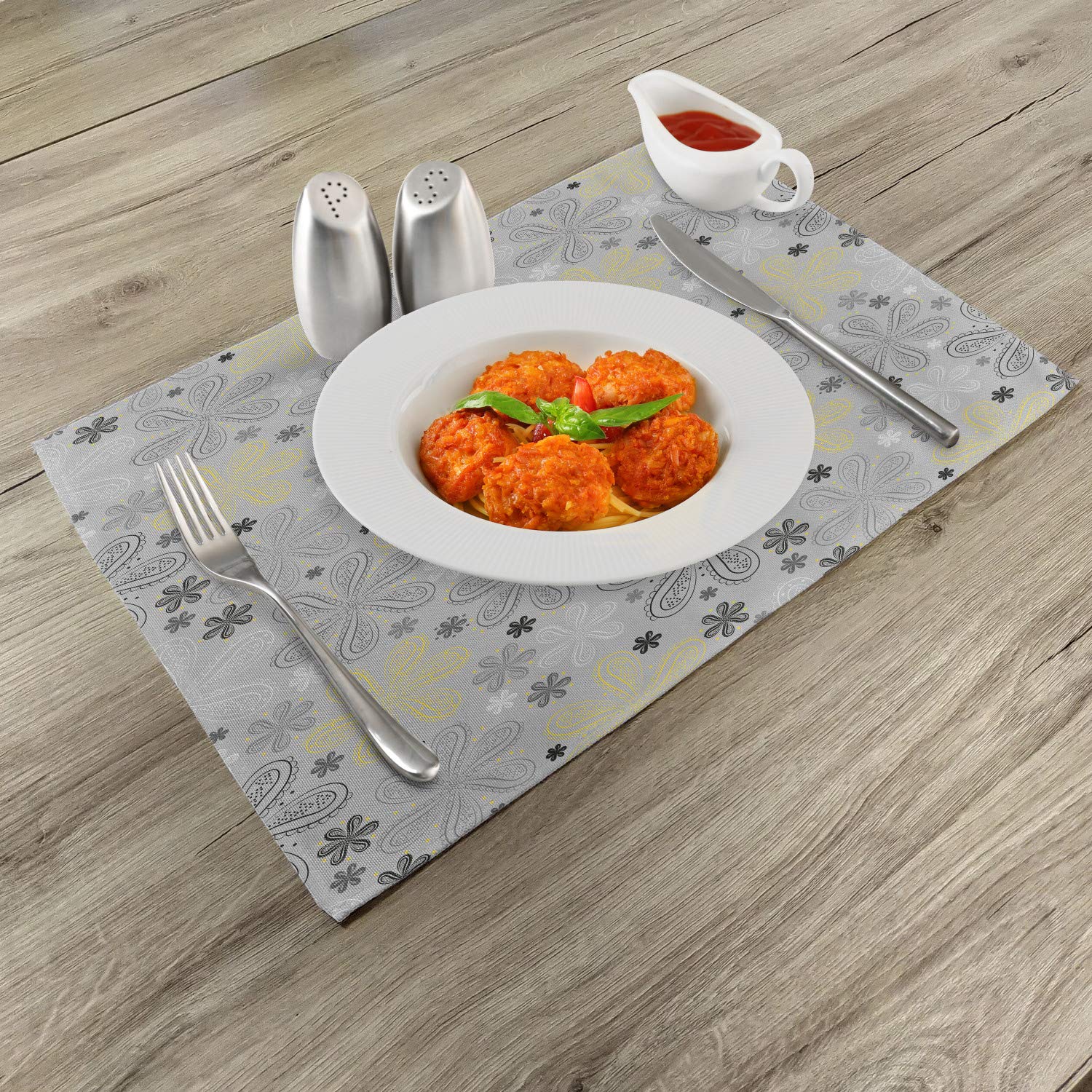 Ambesonne Bohemian Style Place Mats Set of 4 - Grey and Yellow Paisley Floral Print Washable Fabric Placemats for Dining Table & Kitchen Decor | Perfect for Dinner Parties, Holiday Gatherings & Everyday Use