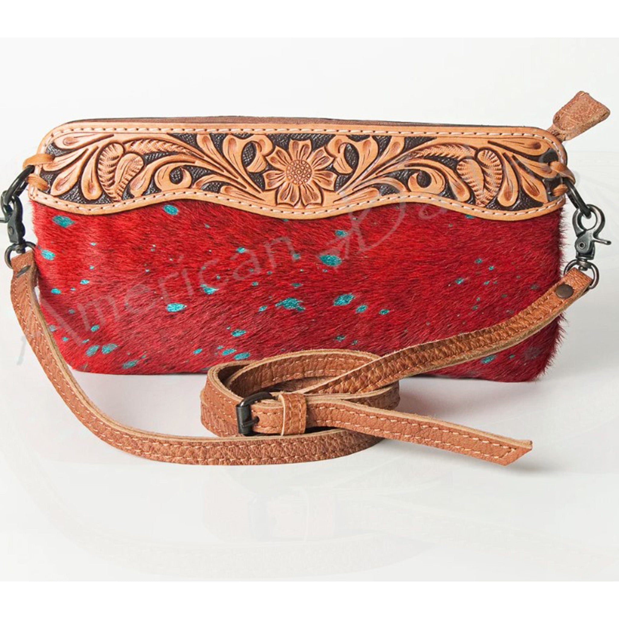 American Darling Red & Turquoise Cowhide Clutch - Stylish Leather Handbag for Women, Perfect for Parties, Weddings & Evening Events