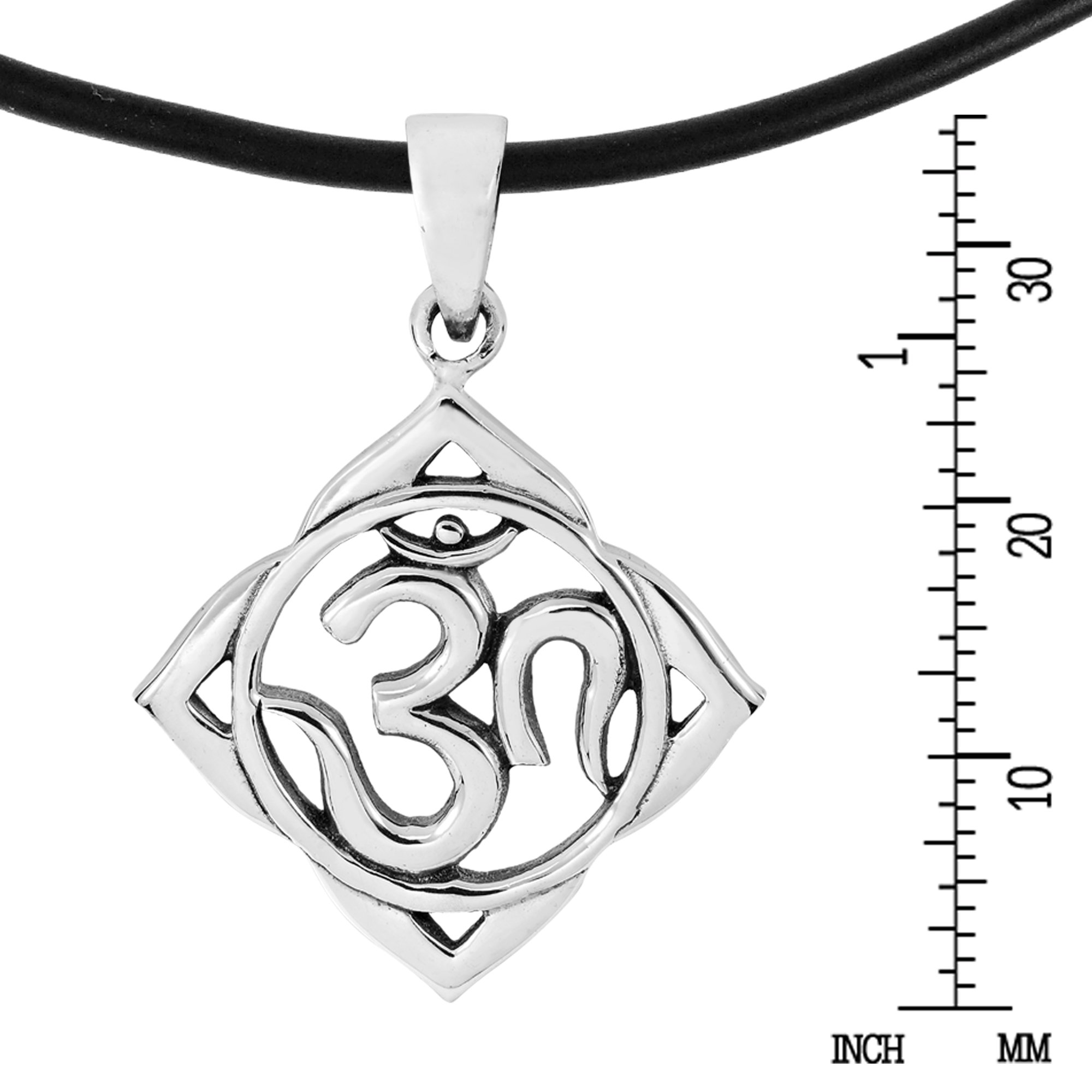 AeraVida Mystic Aum Om Prayer Pendant Necklace - .925 Sterling Silver with Black Rubber Chain - Spiritual Jewelry for Meditation & Yoga - Perfect Gift for Women