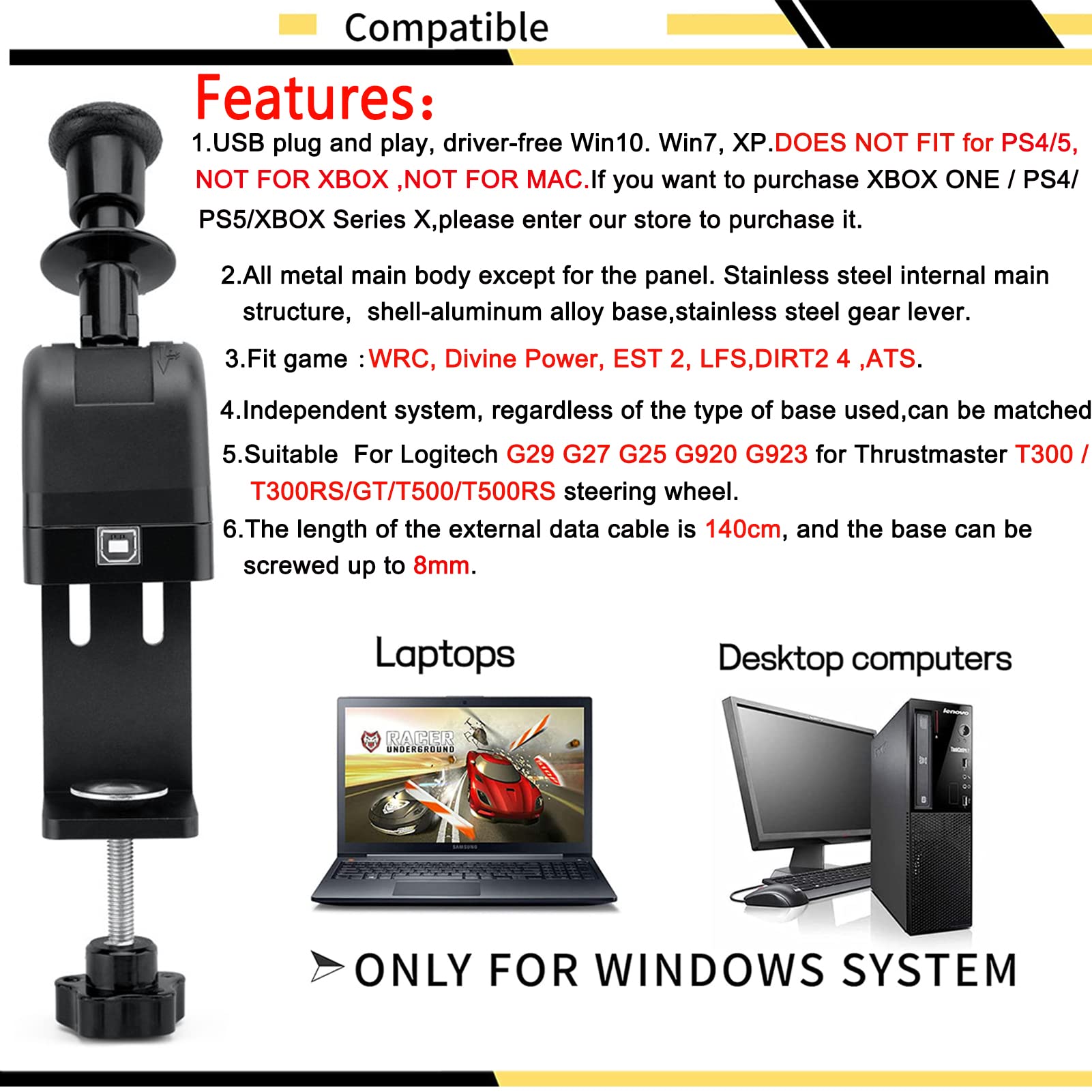 Obokidly USB Sim Racing Hand Brake - PC Truck Handbrake for ETS2 Euro Truck Simulator 2 | Compatible with Logitech G27/G29/G920/G923 & Thrustmaster T300RS/GT | Perfect for Drifting, Rally & Sim Racing Games | Durable Clamp Design for Realistic Driving Experience