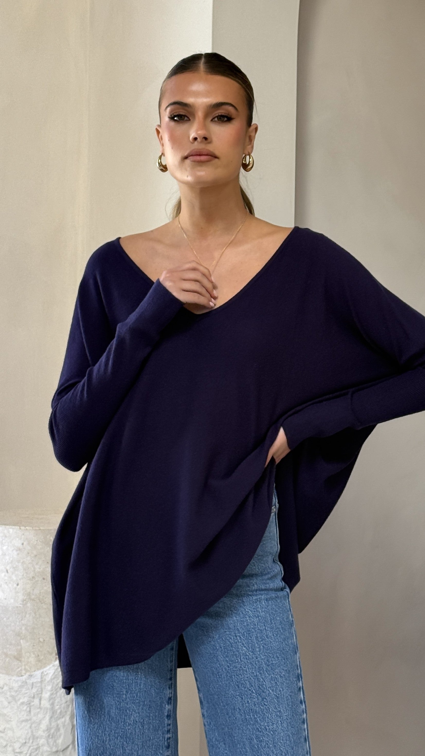 Amalia Knit Top for Women - Soft & Comfortable Navy Blue Crewneck T-Shirt - Perfect for Casual Wear, Layering & Everyday Outfits