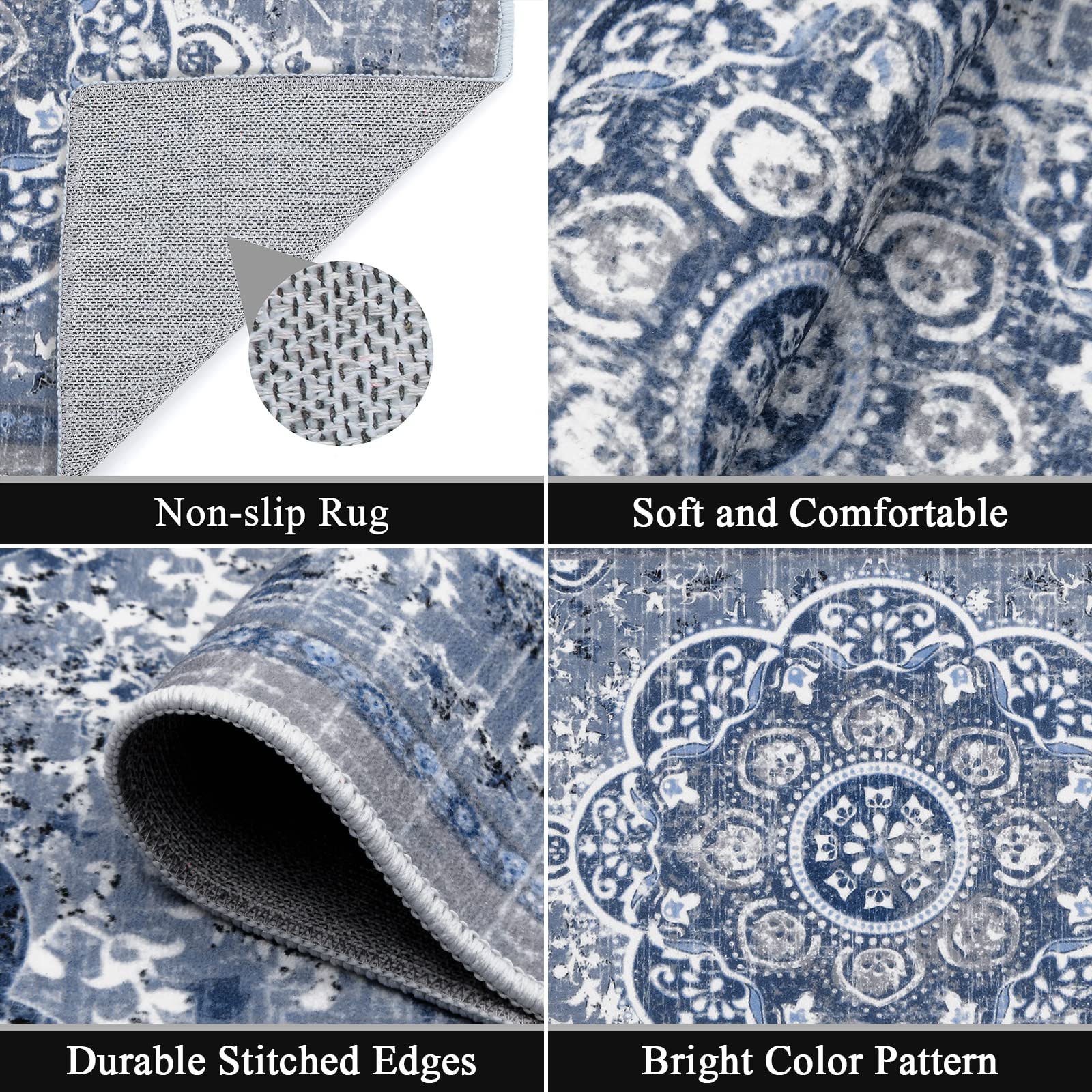 Boho Kitchen Rugs Set of 3 - Non-Slip Washable Floral Farmhouse Floor Mats with Runner for Kitchen, Office, Laundry & Sink Area - Blue | Perfect for Farmhouse Decor & High-Traffic Areas