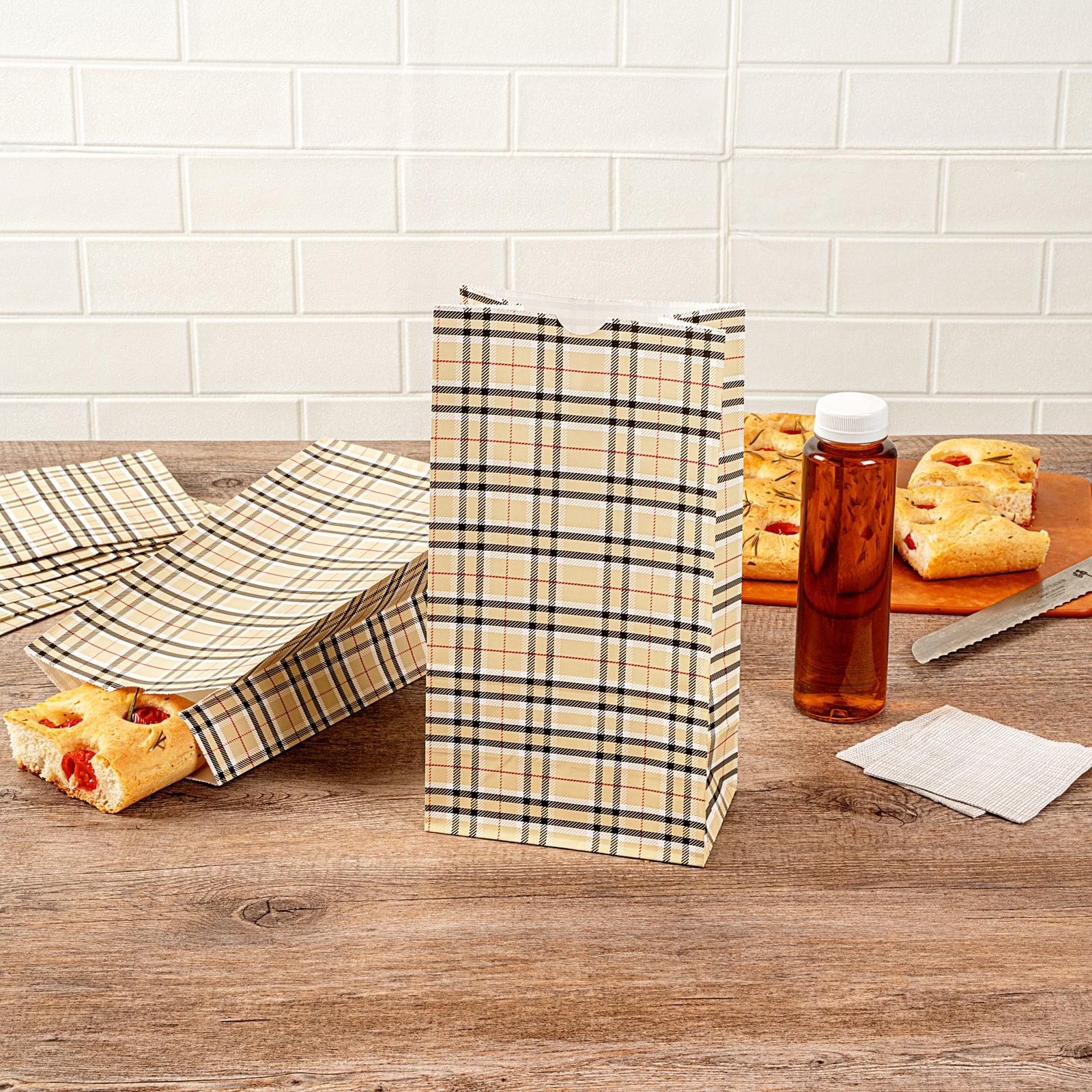 Eco-Friendly Plaid Paper Bags 6lb Capacity - 6x3.5x10.75 Inches - Pack of 100 - Perfect for Retail Shopping, Gift Wrapping & Party Favors