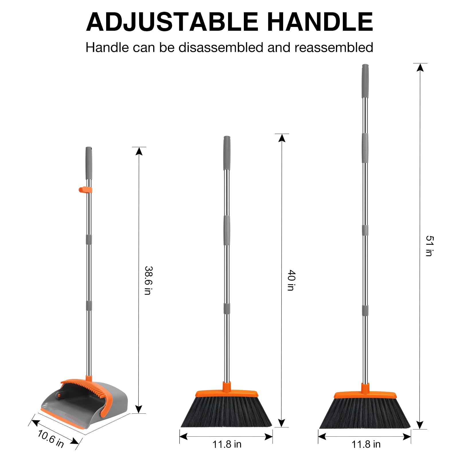 52-in Long Adjustable Handle Broom and Dustpan Set with Teeth for Hair Cleaning - Gray & Orange | Ideal for Home, Kitchen, Office & Hallway Floors