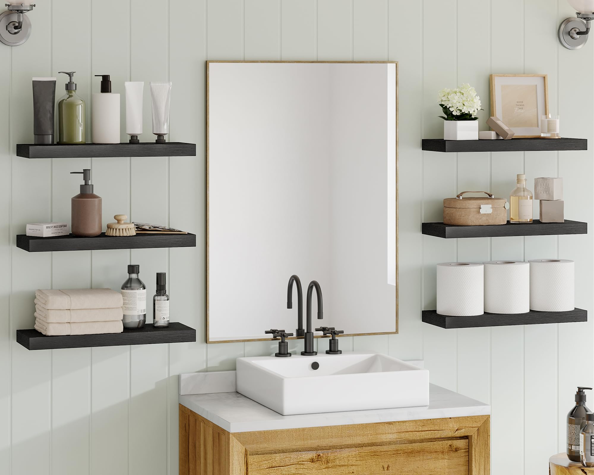 Fixwal 15.8 Inch Black Floating Shelves - Set of 6 Wood Wall Shelves for Farmhouse Decor - Perfect for Bathroom, Bedroom, Living Room & Kitchen Organization and Display