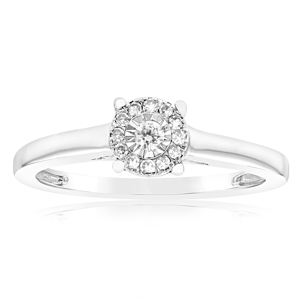 9ct White Gold 10-Point Diamond Ring with 13 Brilliant Cut Diamonds - Elegant Engagement, Wedding & Anniversary Jewelry Gift for Her