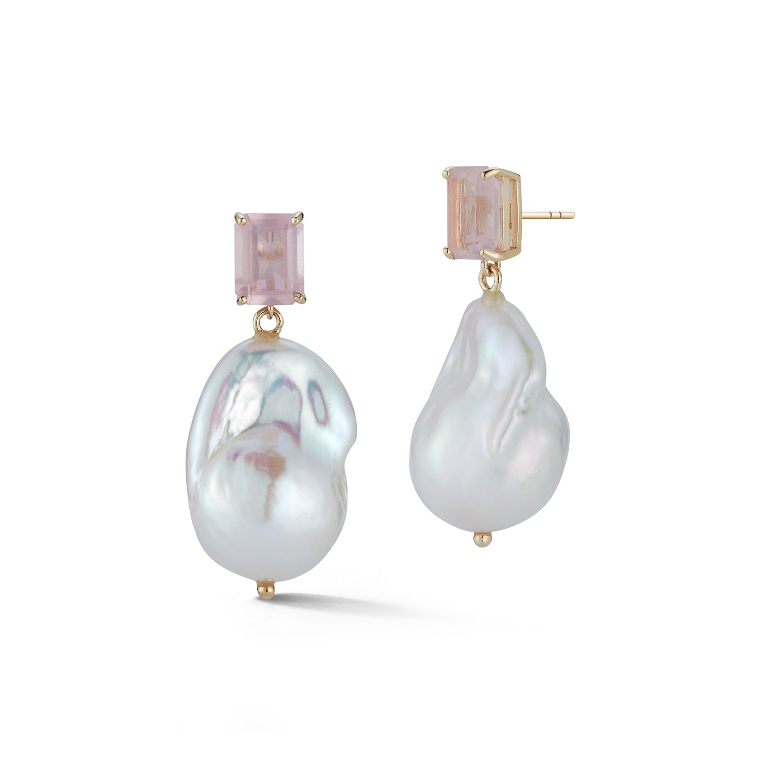 14K Gold Rose Quartz and Baroque Pearl Drop Earrings for Women – Elegant Dangle Earrings for Wedding, Party & Special Occasions