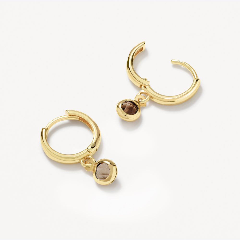 10K Gold Smokey Quartz Round Drop Huggie Earrings – Elegant Dangle Hoops for Women, Perfect for Parties, Weddings & Everyday Wear