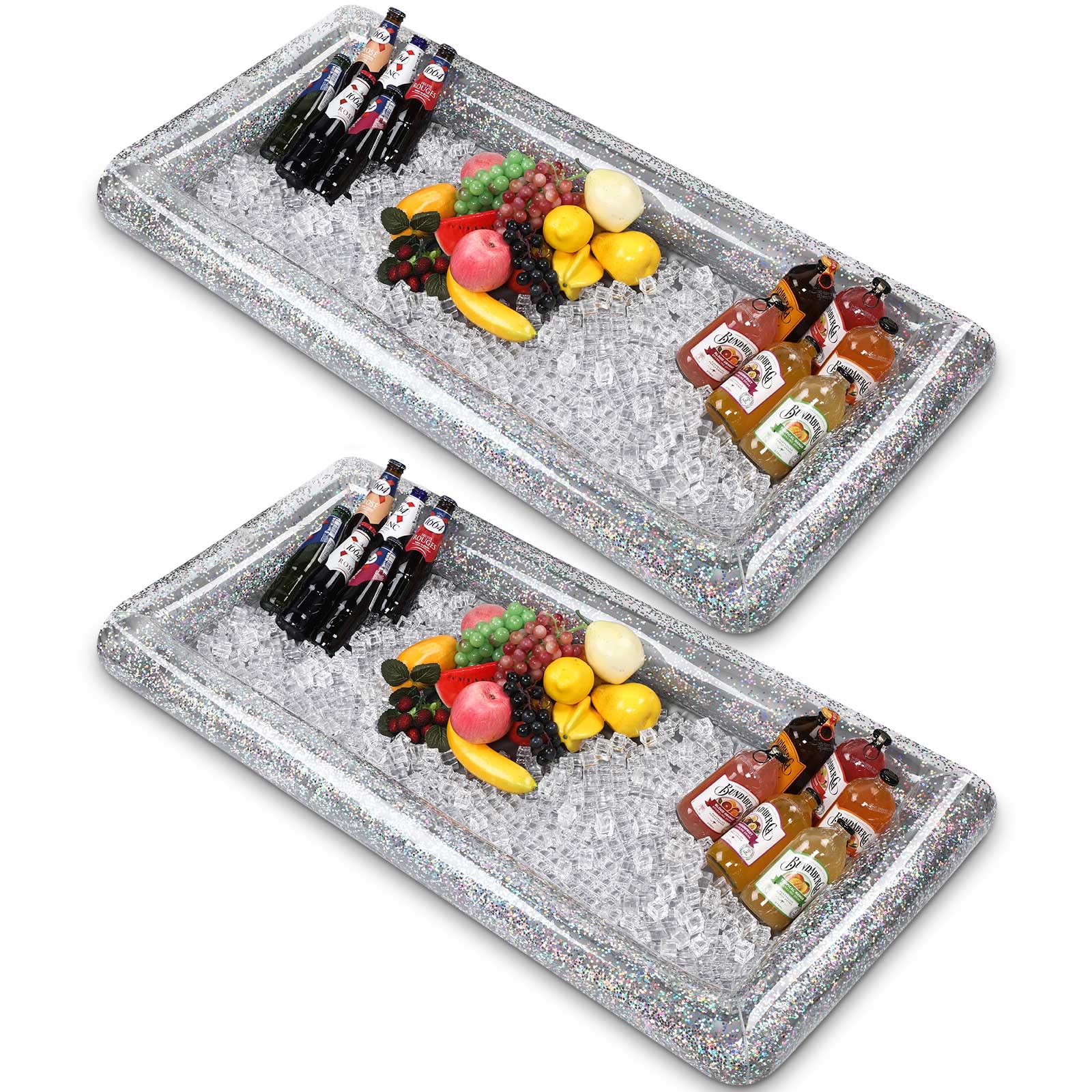 2-Pack Inflatable Serving Bar with Glitter Confetti & Drain Plug - Portable Ice Cooler for Food & Drinks - Perfect for Pool Parties, BBQs, Outdoor Events & Beach Gatherings (Silver)