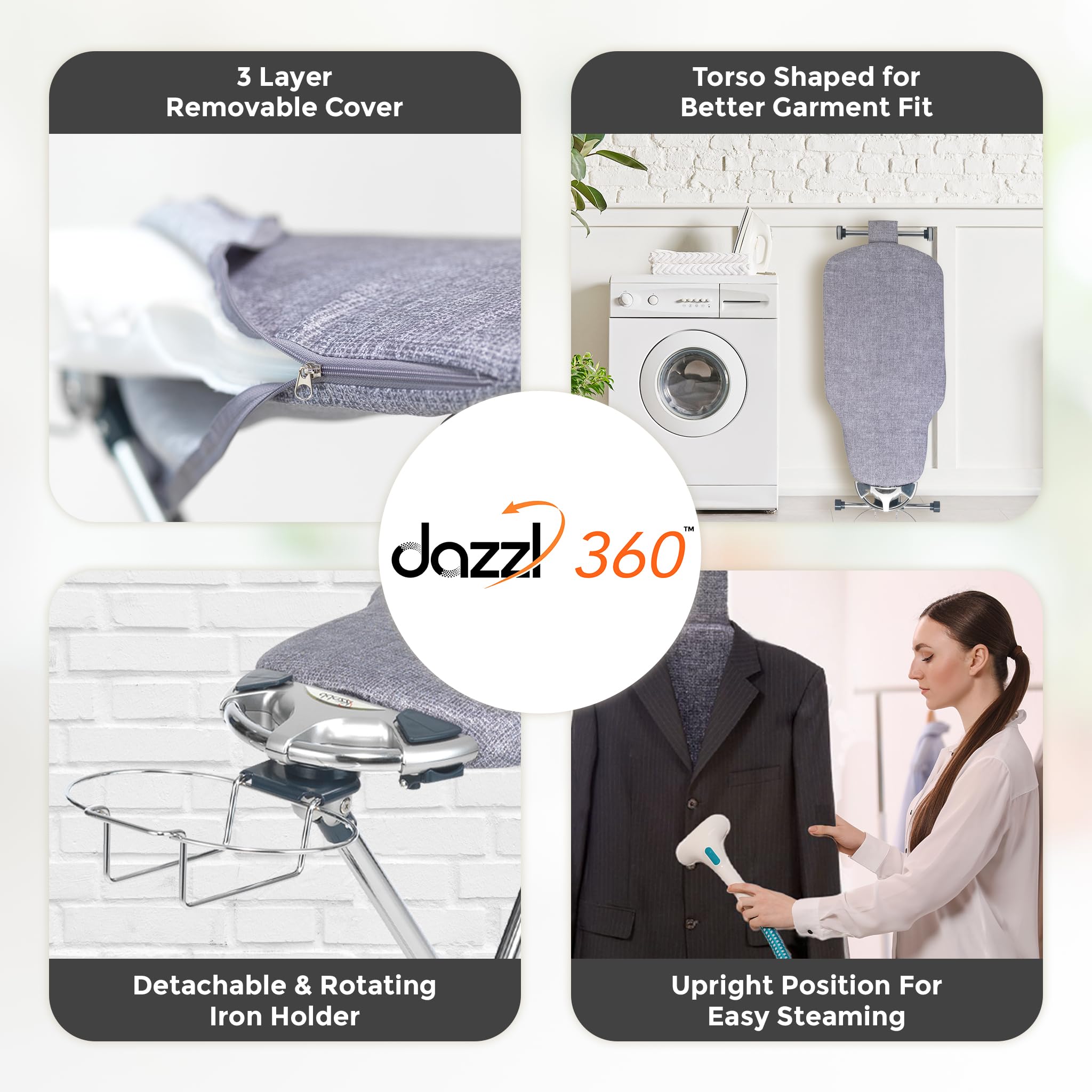 Dazzl 360-Degree Roto-Flip EZ71 Ultra Ironing Board - Dual-Sided Torso-Shaped Ironing Board with 8-Level Adjustable Height, Rotatable Iron Holder & Dual-Clamp Garment Clip - Full Size HDPE Ironing Board for Home, Laundry Room, and Professional Tailoring