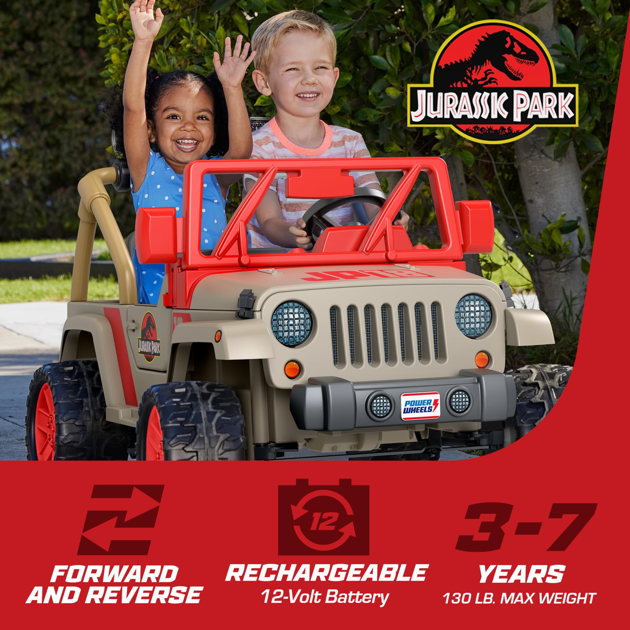 Jurassic Park Jeep Wrangler Ride-On Toy for Kids - Electric Battery-Powered Vehicle with Dinosaur Sounds & LED Lights - Perfect for 3-5 Year Olds - Great for Outdoor Play, Birthday Gifts & Pretend Adventures