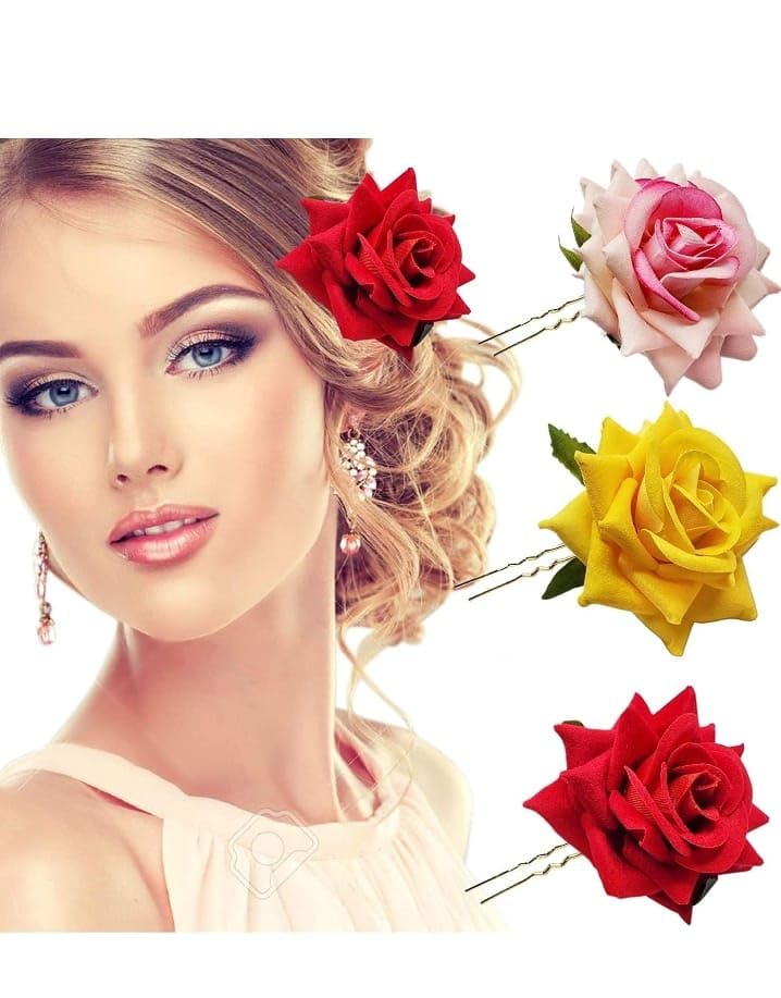 Prashi Traders Artificial Rose Flower Hair Clips for Women & Girls - 5PC Multi-Color Hair Accessories for Weddings, Parties & Everyday Wear