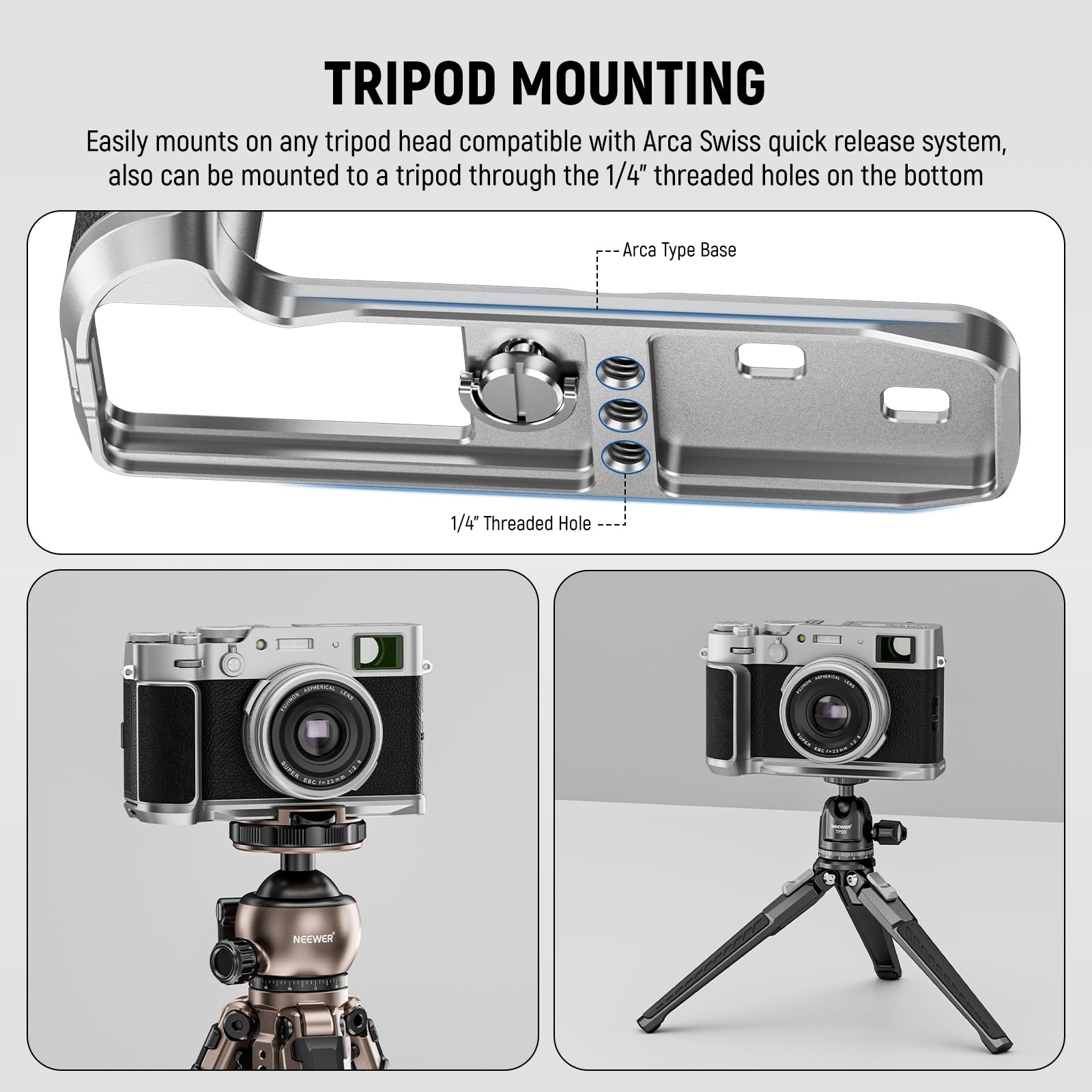 NEEWER X100VI Baseplate for Fujifilm X100VI & X100V Camera - L-Shaped Bracket with Handgrip, Arca-Swiss Tripod Compatible (Silver, CA083) - Perfect for Street Photography, Travel & Vlogging