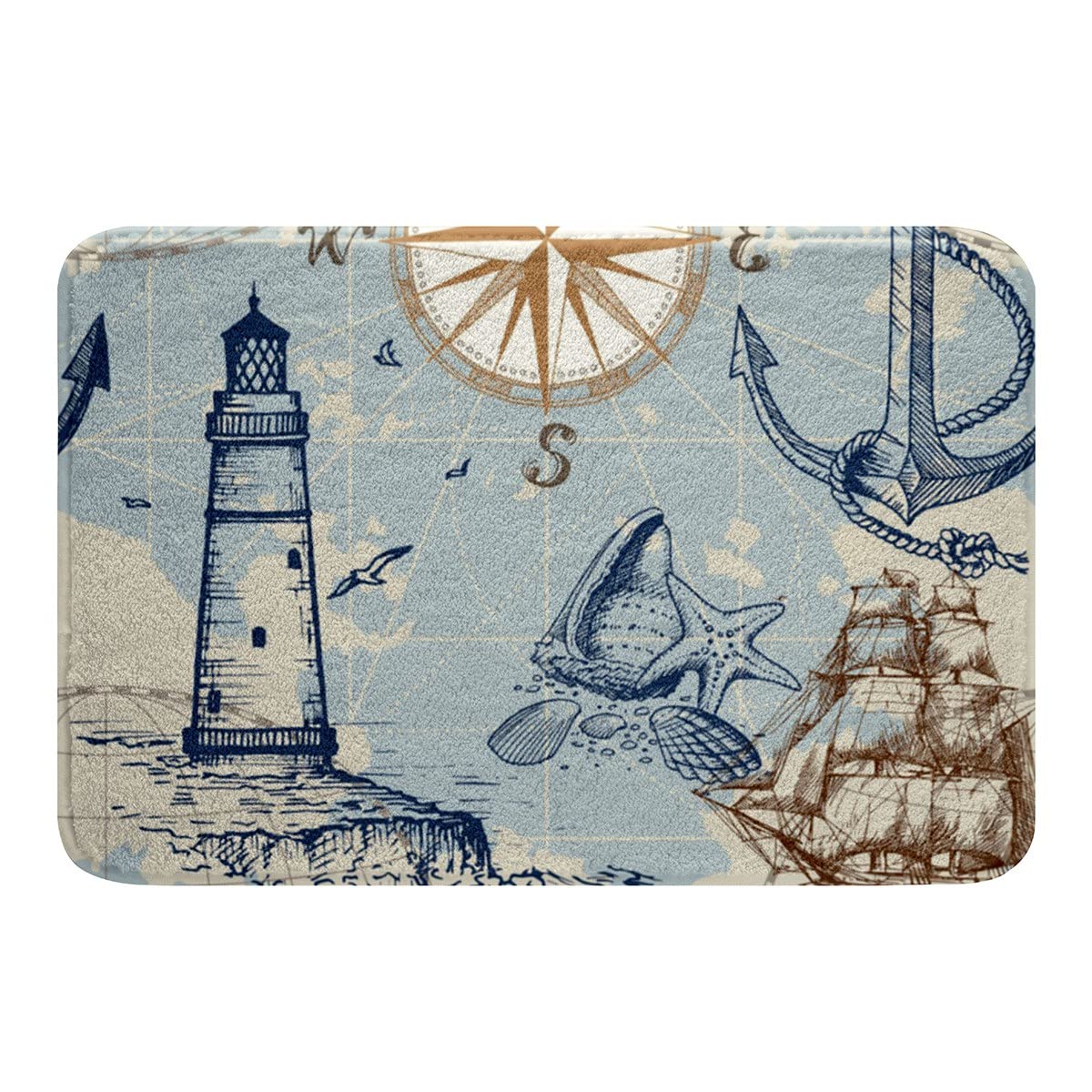 Erosebridal Nautical Anchor Bath Rugs - Vintage Sailboat Lighthouse Non-Slip Bathroom Mats, 16x24 Inch Ocean Wave Floor Carpets with Conch Starfish Seashell Design | Perfect for Coastal Themed Bathrooms, Beach House Decor & Nautical Bedroom Accents