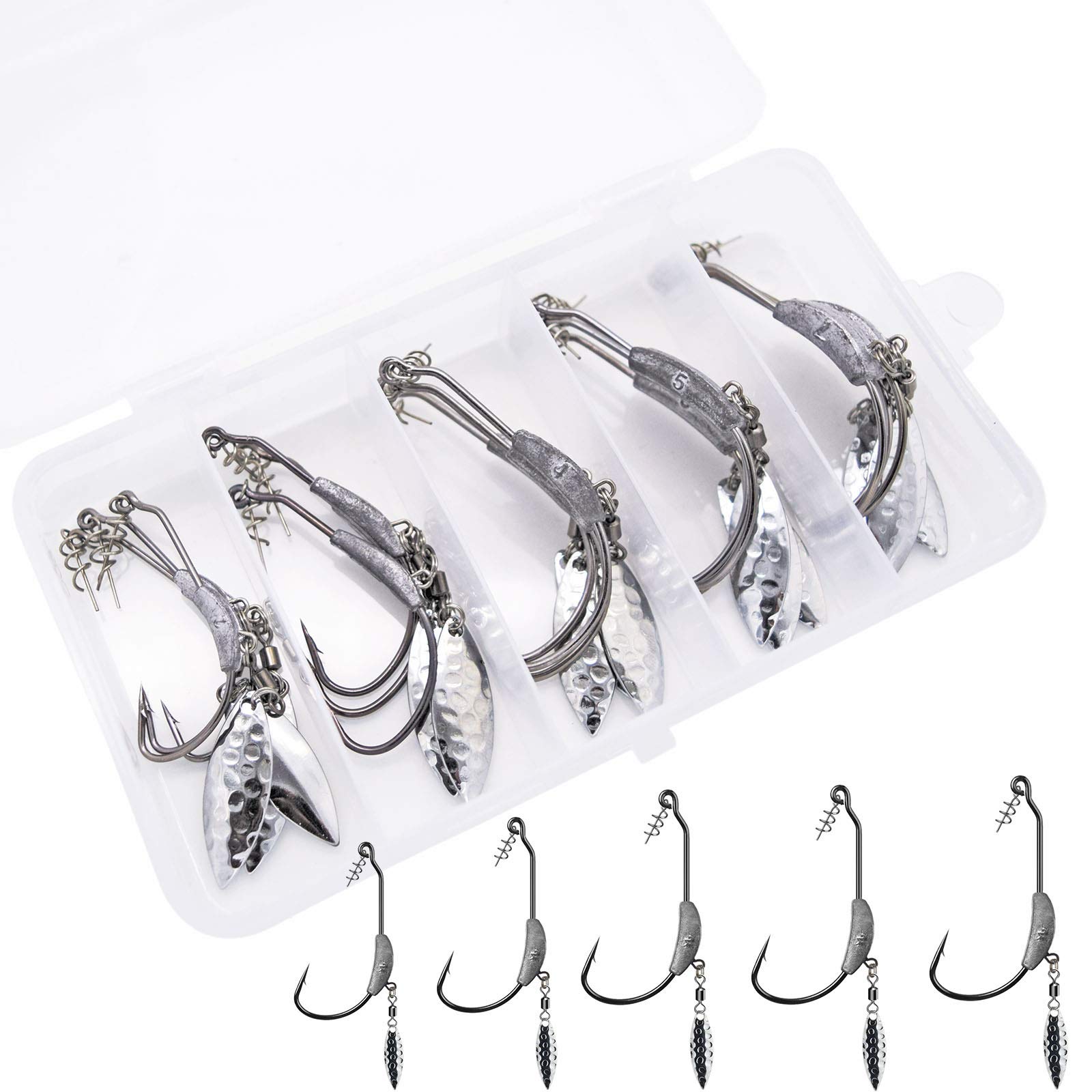 15pcs Weighted Twistlock Hooks with Centering Pin - Silver/Gold Saltwater Worm Hooks (Size 0.07-0.25oz) for Bass Fishing, Freshwater & Saltwater Angling