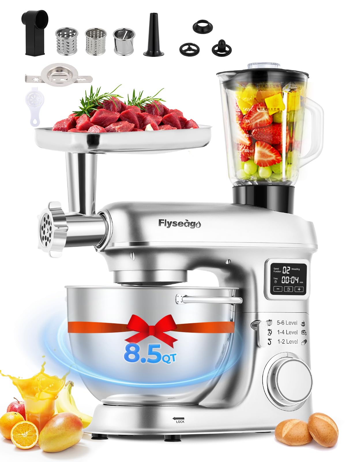 8-in-1 Stand Mixer 2000W, 8.5 Qt Tilt-Head Electric Kitchen Mixer with Stainless Steel Bowl, 6 Speeds, Dough Hook, Whisk & Pasta Attachments - Perfect for Baking, Kneading Dough, Whipping Cream & Making Pasta at Home