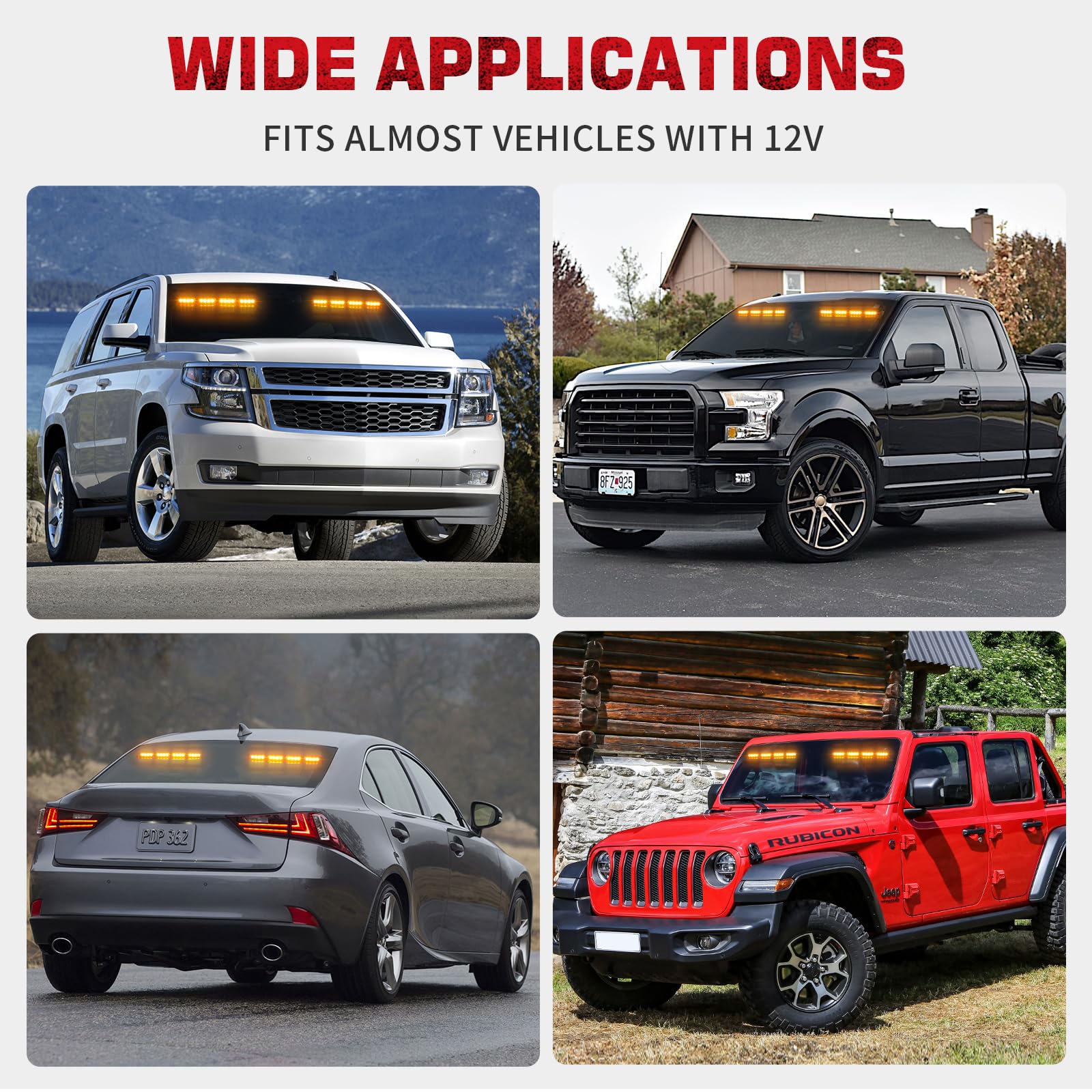 2 in 1 14 Inch Amber Strobe Lights - 32 LED Emergency Dash & Windshield Warning Lights with Suction Cups - Flashing Hazard Safety Lights for Trucks, Construction Vehicles - Ideal for Snow Plows, Road Work & Emergency Scenes