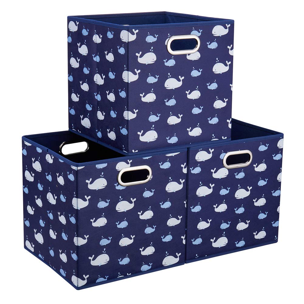 Whale Collapsible Fabric Storage Bins - Set of 3, Blue Foldable Cube Organizers 10.5x10.5x11 Inches for Closet, Shelves, Drawers & Home Organization - Perfect for Bedroom, Nursery & Office Storage Solutions
