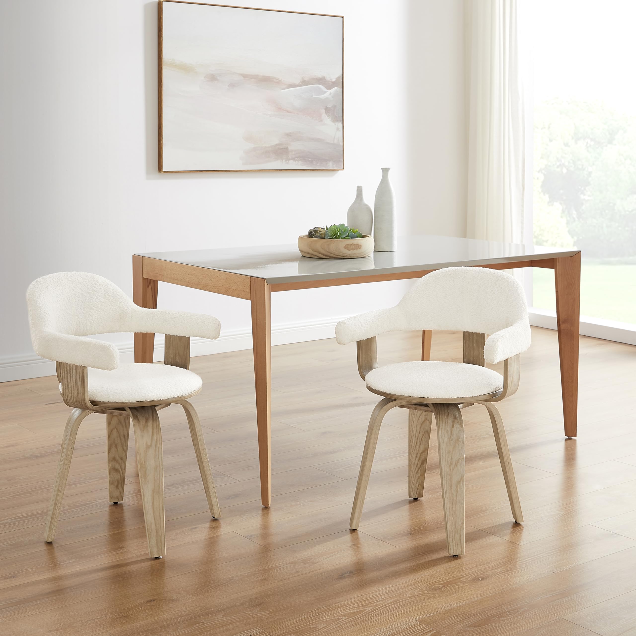 Art Leon Mid Century Modern Swivel Accent Chair - No Wheels Desk Chair with Boucle Fabric & Wood Legs for Home Office, Living Room or Bedroom - White | Perfect for Workspaces, Reading Nooks & Cozy Home Decor