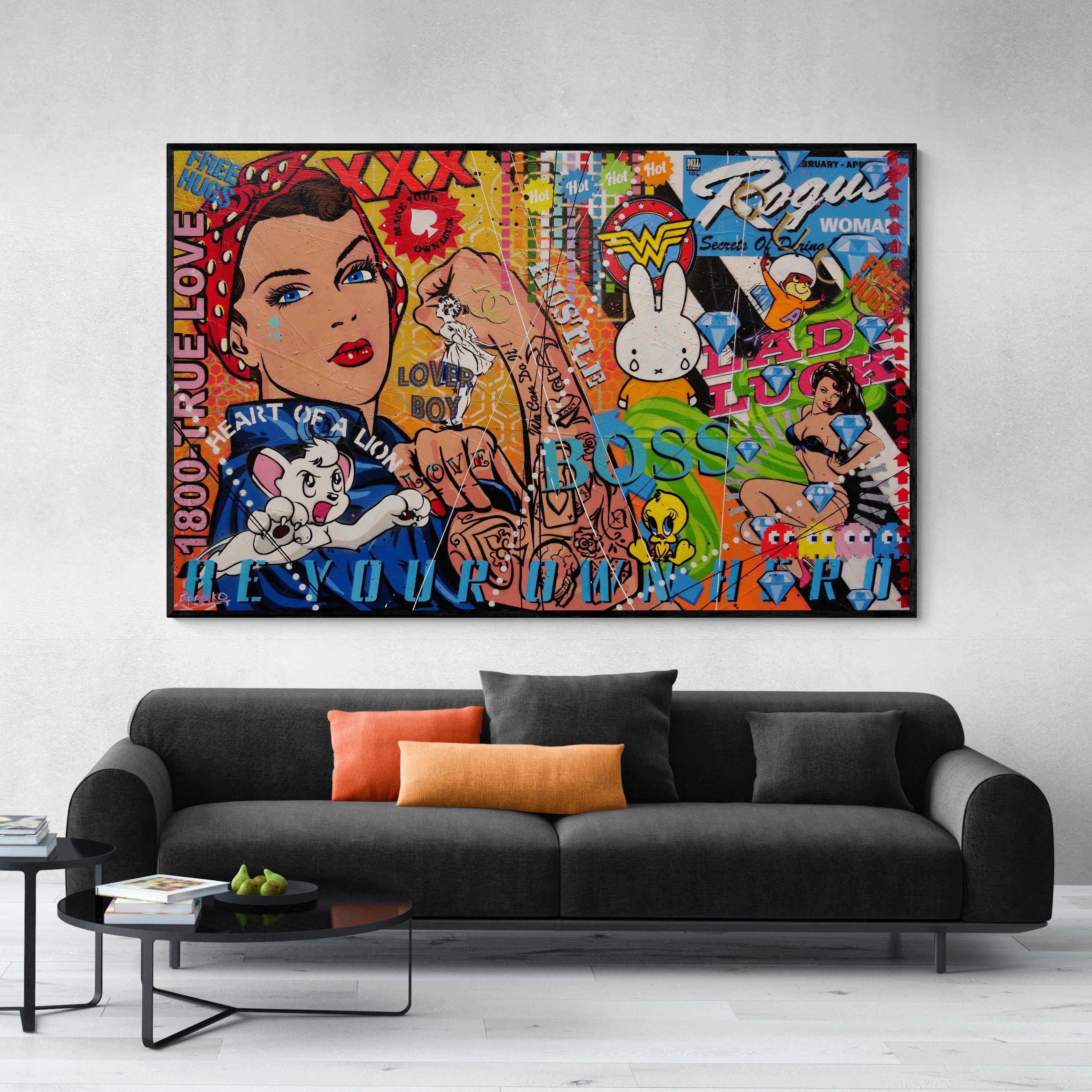 Diamond Rosie 160cm x 100cm Textured Urban Pop Art Canvas Painting - Rosie The Riveter Inspired Wall Decor for Living Room, Bedroom & Office