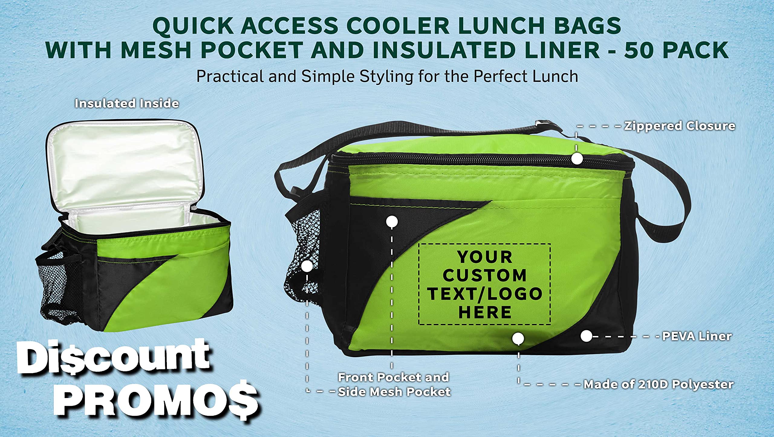 50 Pack Customizable Insulated Lunch Bags with Front & Side Pockets - Personalized Text/Logo - Lime Green Cooler Bags for Office, School, Picnics & Outdoor Activities