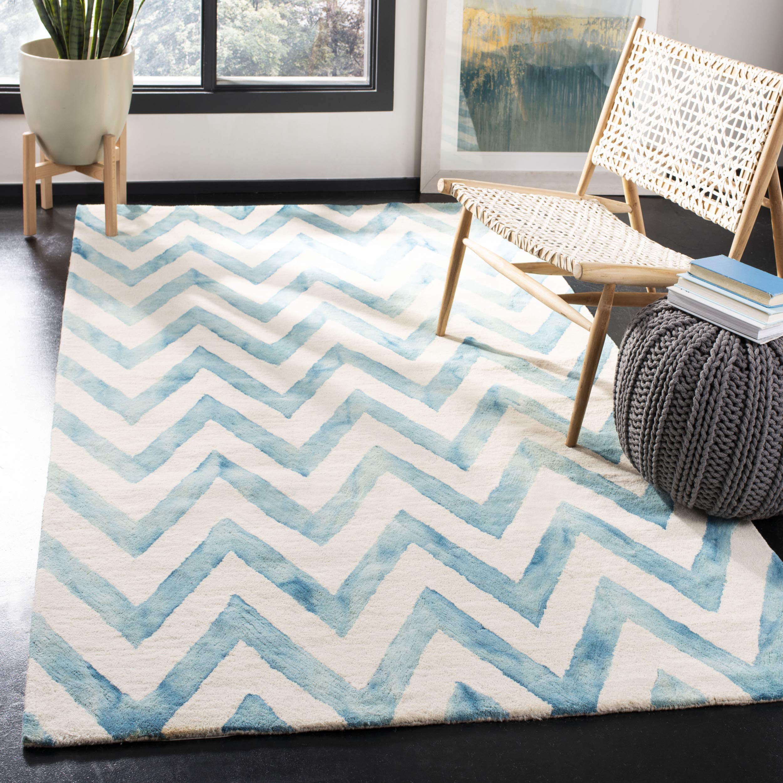 SAFAVIEH Dip Dye Collection 8' x 10' Ivory/Turquoise DDY715H Handmade Chevron Watercolor Premium Wool Area Rug - Perfect for Living Room, Bedroom & Office Decor