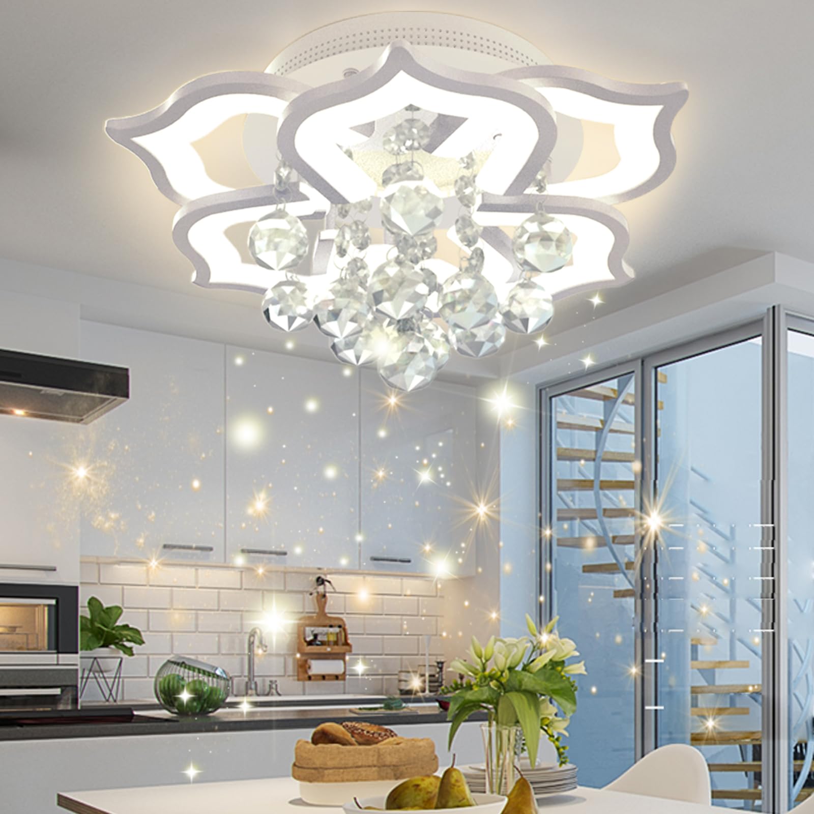 Modern Crystal Flush Mount LED Chandelier - 6-Light Ceiling Flower Lamp with Remote Control, 24W, 19.7