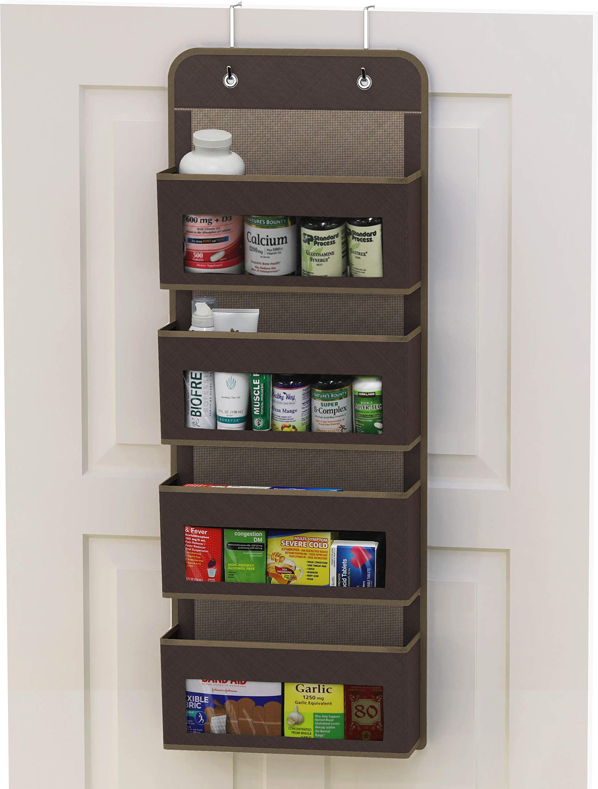 Simple Houseware Over Door/Wall Mount 4 Clear Window Pocket Organizer - Brown | Hanging Storage Solution for Bathroom, Bedroom, Kitchen & Office Organization