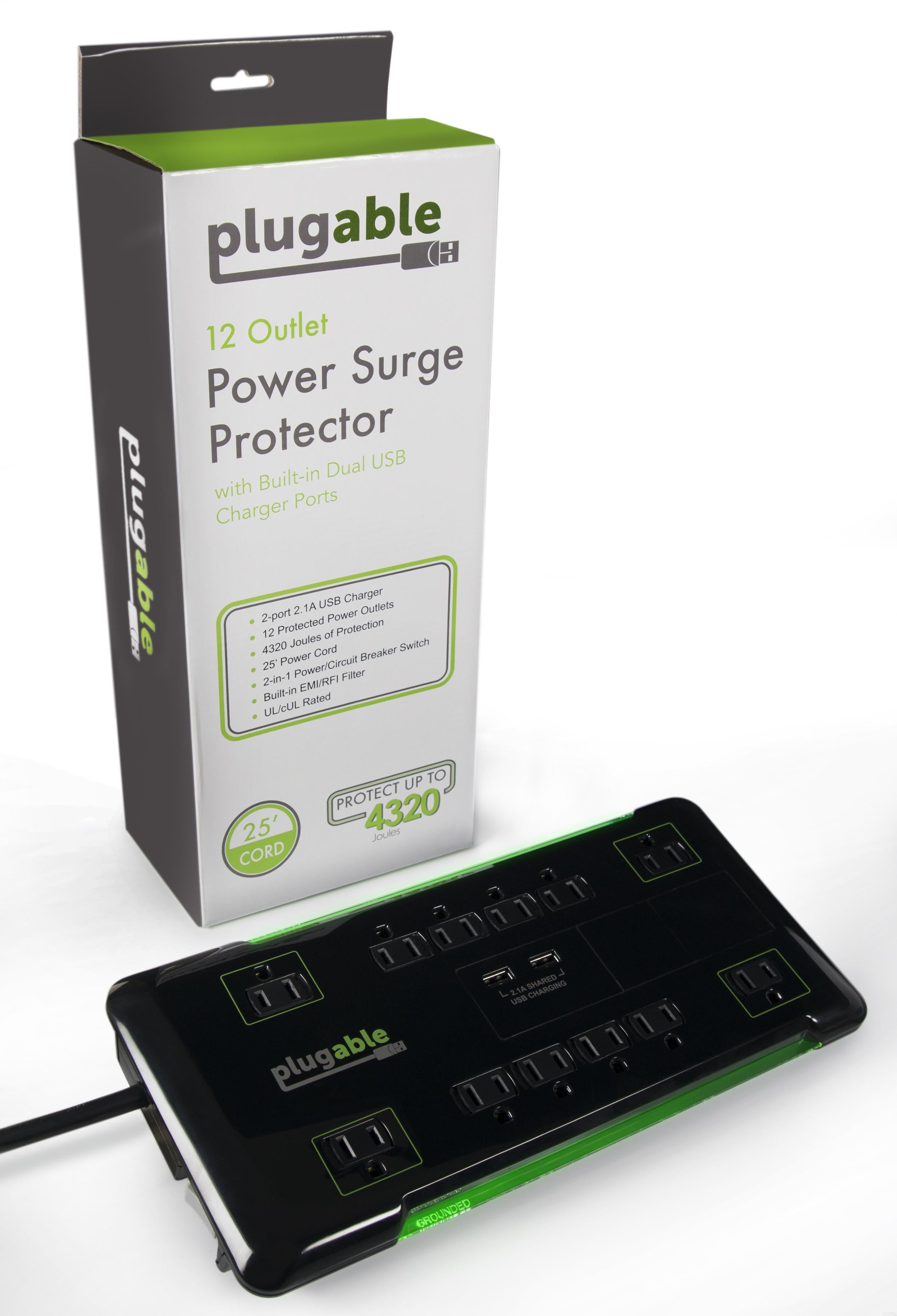 Plugable 12 Outlet Surge Protector Power Strip with 2 USB Ports (25ft/7.6m Heavy Duty Extension Cord) - Ideal for Home Office, Gaming Setup & Entertainment Center