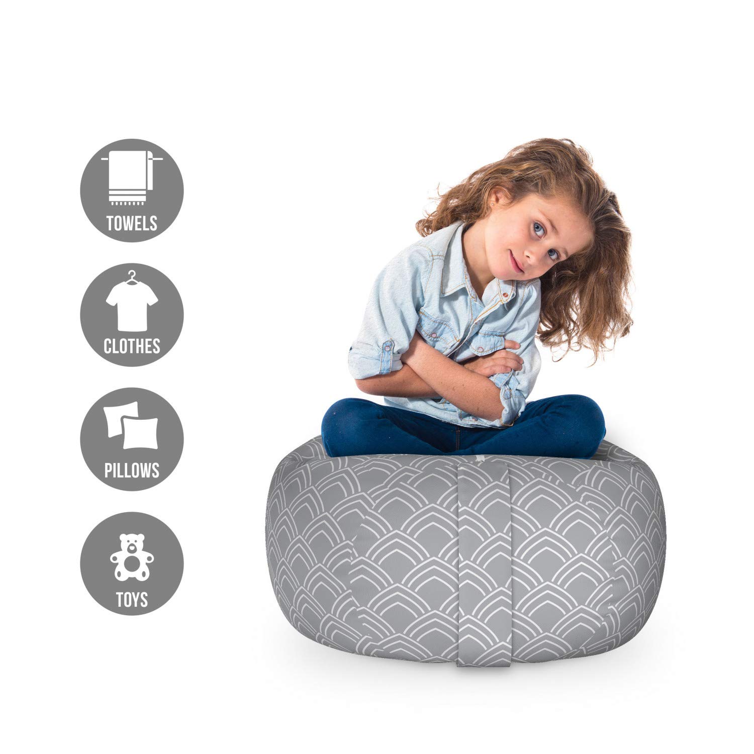 Ambesonne Geometric Toy Storage Bag Chair - Traditional Oriental Pattern with Classical Curves, Washable Stuffed Animal Organizer, Small Size Grey Beige - Perfect for Kids' Room, Nursery, or Playroom Organization