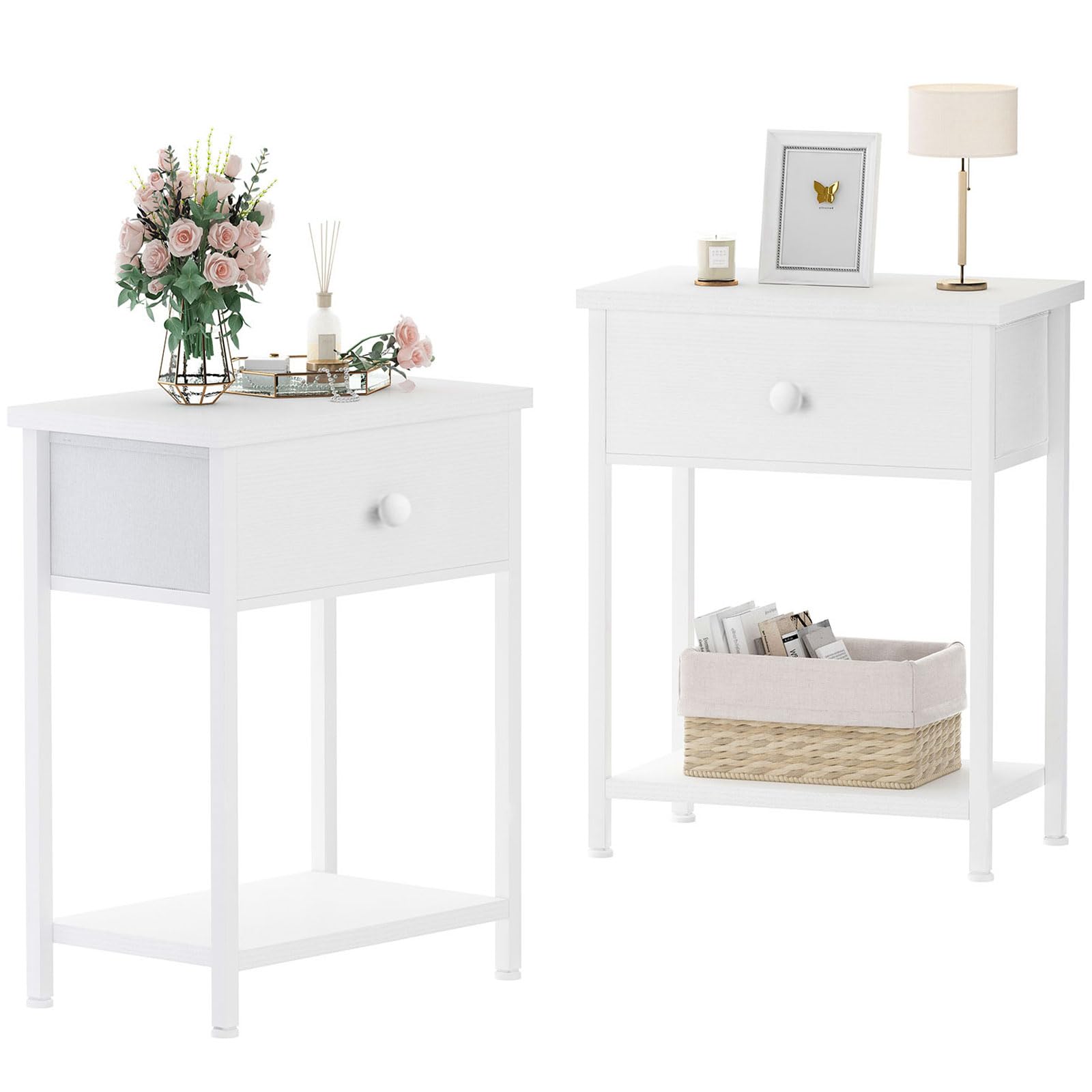 Modern White Nightstands Set of 2 - Small Bedside Tables with Drawer & Shelf Storage - Perfect for Bedroom, Dorm, Apartment - Compact End Tables for Small Spaces & Nighttime Essentials Organization