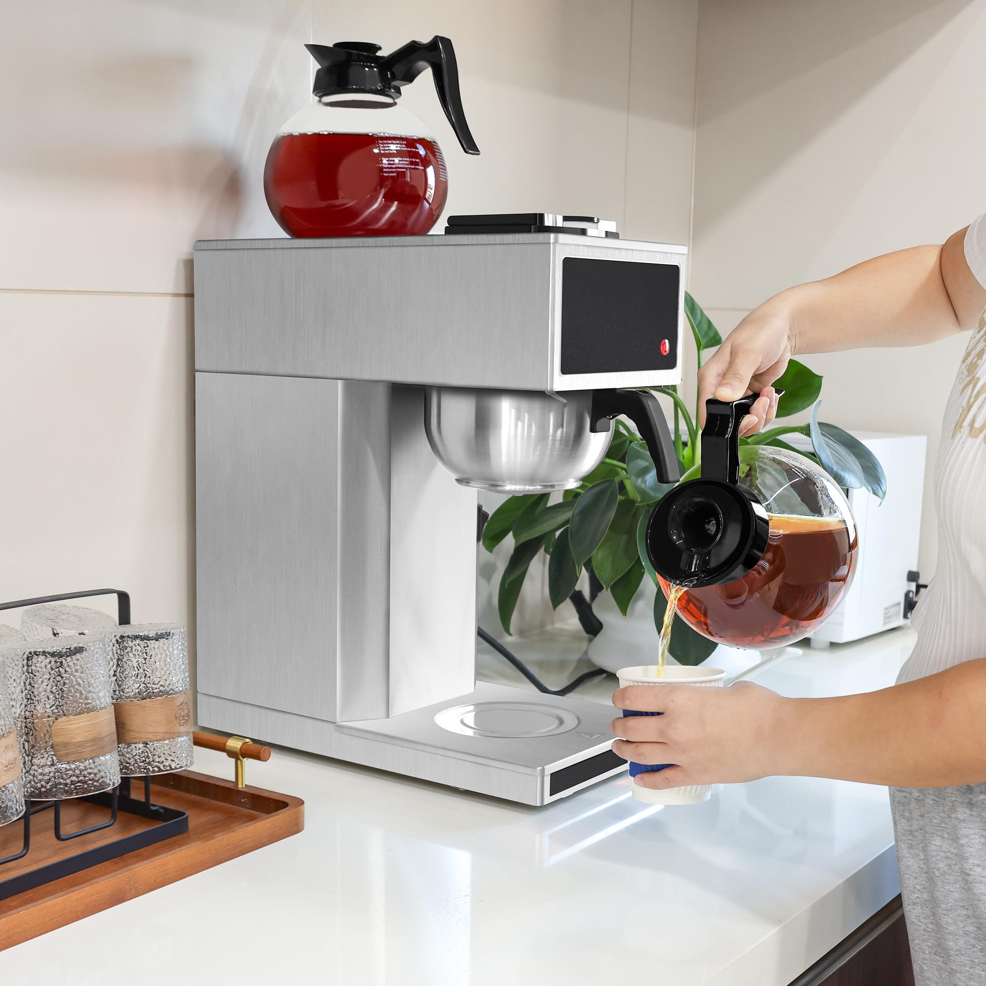 YUANHAO 12-Cup Commercial Coffee Maker with Glass Carafe & Warmer - 120V Pourover Brewer for Restaurants, Offices & Home Use - Perfect for Fresh Brewed Coffee All Day