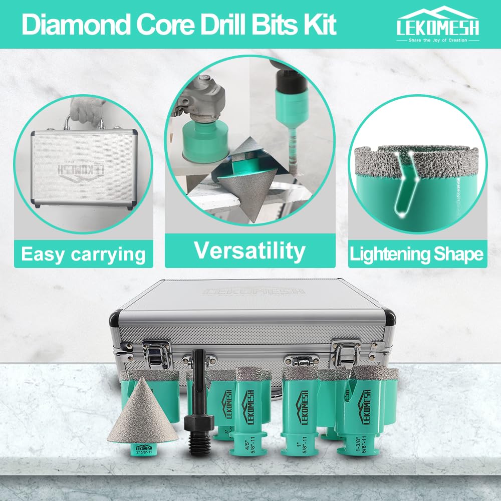 Premium Diamond Core Drill Bits Kit - 8pcs (20/25/35/50/75/100mm + 50mm Beveling Chamfer Bit + SDS Shank Adapter) for Porcelain Tile, Ceramic, Granite, Marble & Masonry Stone - Professional Hole Saw Kit for Bathroom Renovation, Kitchen Backsplash & Stone Countertop Installation