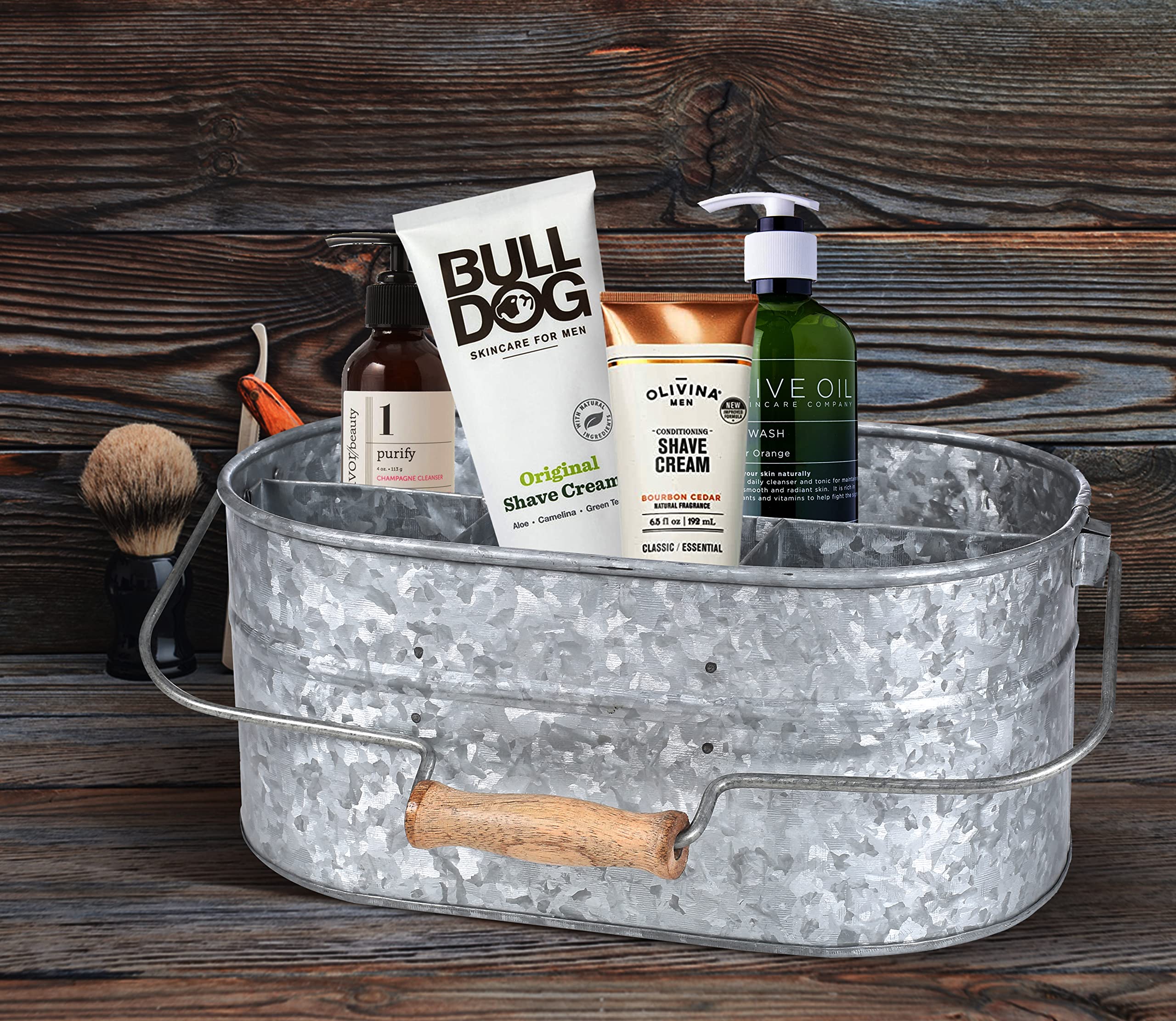 Rustic Farmhouse Metal Storage Caddy with Wooden Handle - 4 Compartment Galvanized Organizer for Kitchen Utensils, Picnic Supplies & Garden Tools - Hammered Antique Grey Finish - Perfect for Home, Office & Outdoor Use