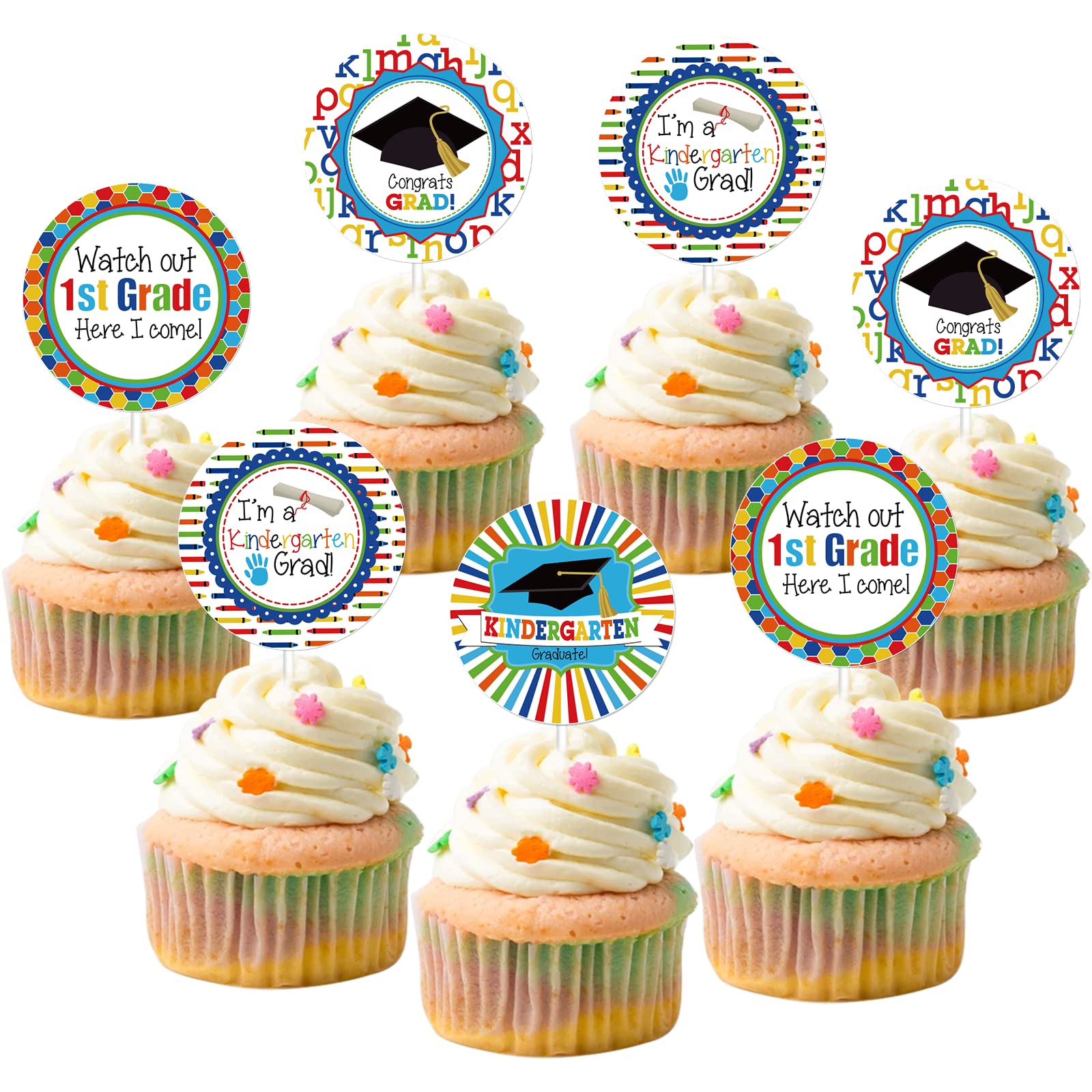 2024 Kindergarten Graduation Cupcake Toppers - Preschool Graduation Decorations Set for Party, Ceremony & Photo Booth Backdrop - Adorable School Themed Cake Toppers for Kids Celebration