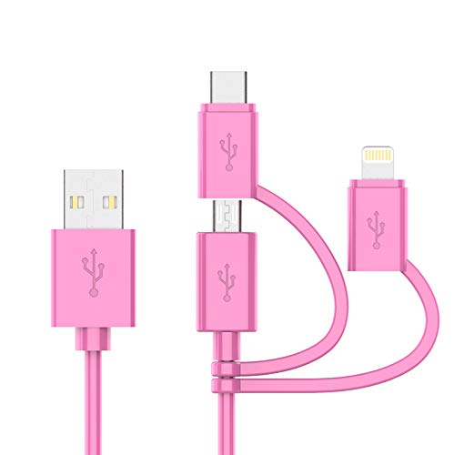 Apple MFi Certified 3-in-1 Charging Cable - 6FT Pink Lightning/Type C/Micro USB Cable for iPhone 14/13/12, iPad, Samsung Galaxy, Huawei, Android Phones | Fast Charging & Data Sync | Perfect for Home, Office & Travel