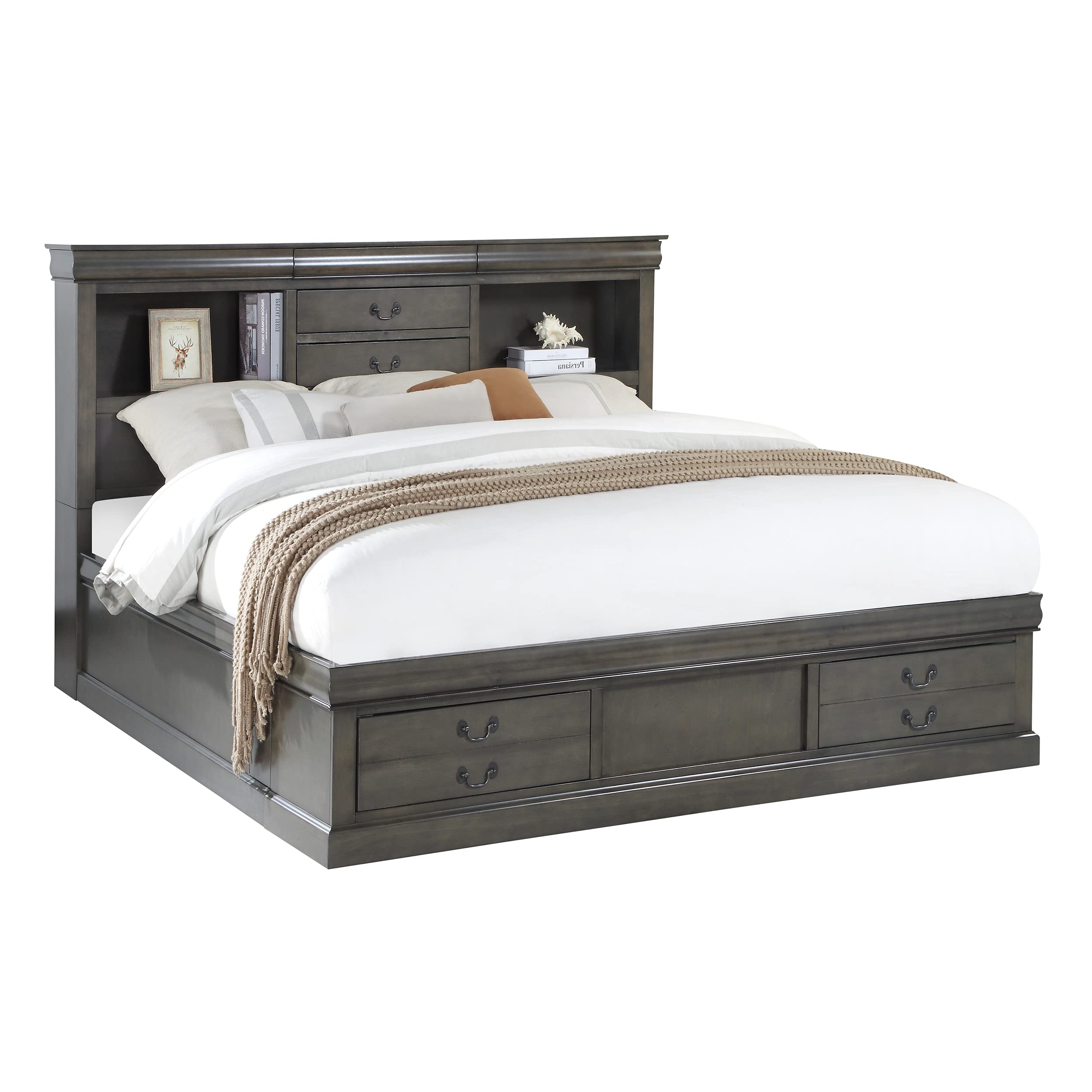 HABITRIO Solid Wood Queen Bed Frame with Storage - Headboard with 3 Hidden Drawers & 2 Bookshelves, Footboard with 2 Storage Drawers - No Box Spring Needed, Dark Gray - Perfect for Small Bedrooms & Guest Rooms with Extra Storage Needs